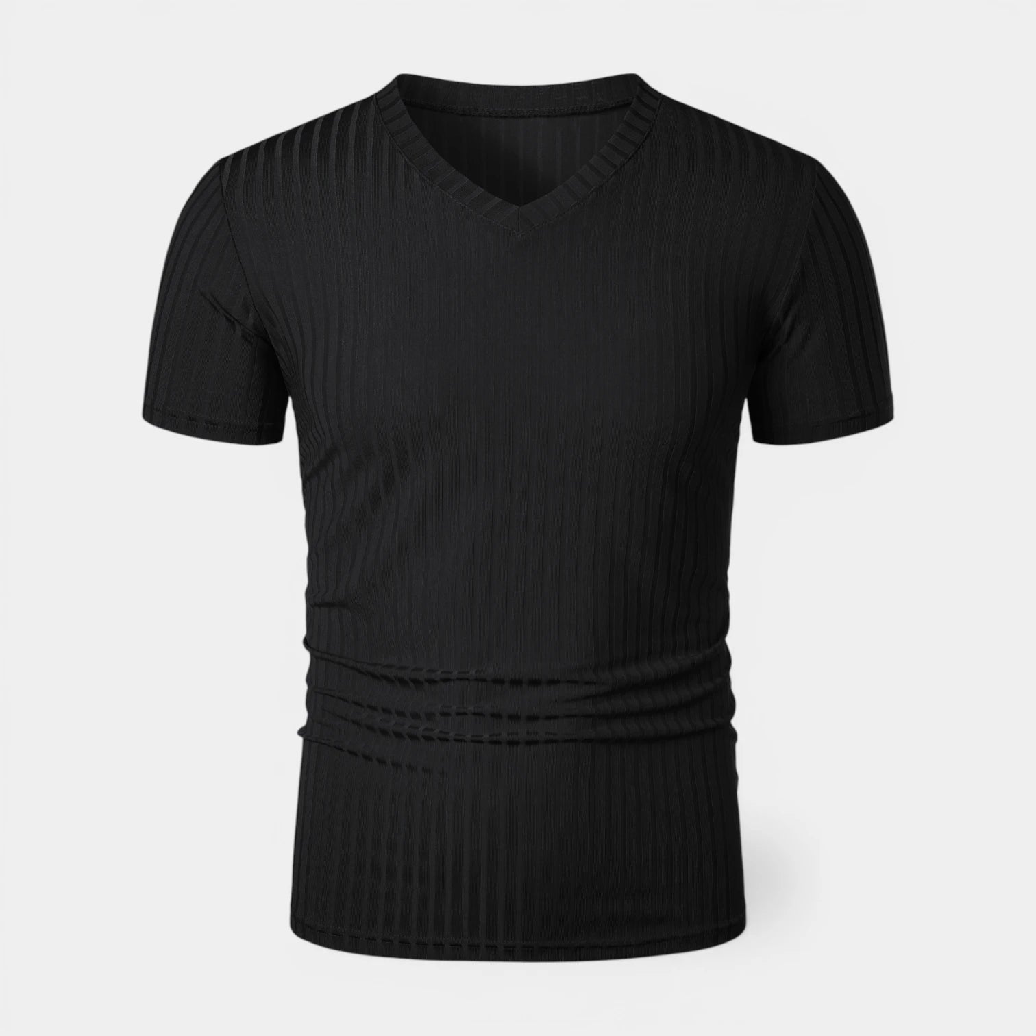 T-shirt Homme Côtelé Col V Manches Courtes Coupe Ajustée Maille Texturée