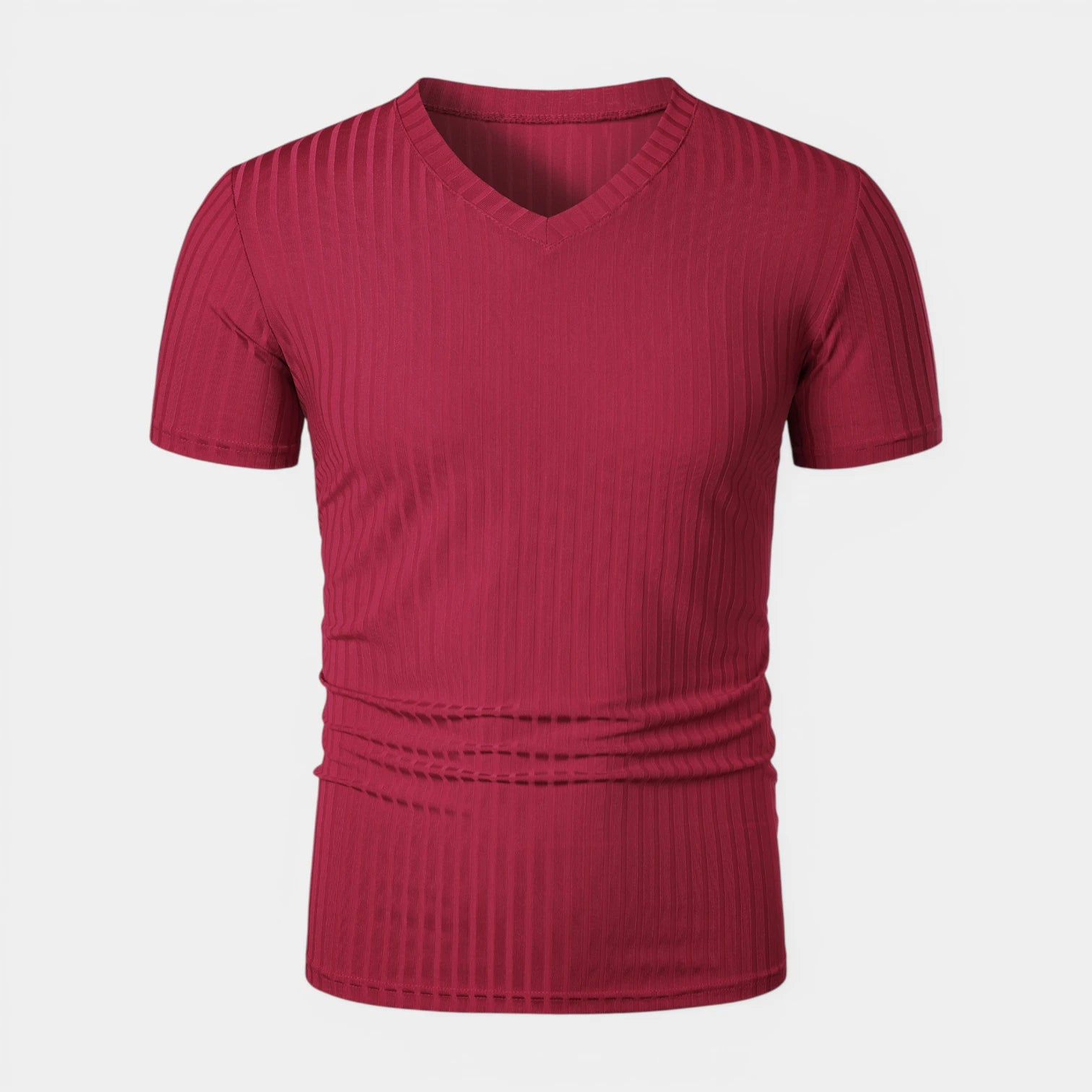 T-shirt Homme Côtelé Col V Manches Courtes Coupe Ajustée Maille Texturée