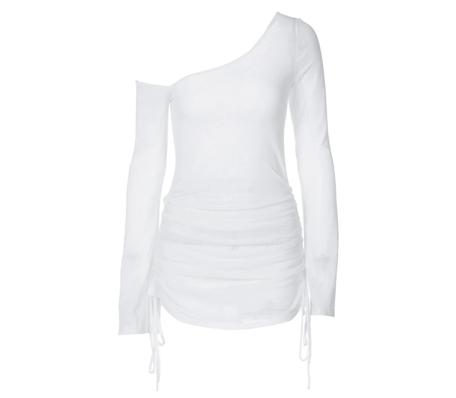 Robe Mini Mesh Une Épaule Manches Longues Froncée Lacets Pour Femme