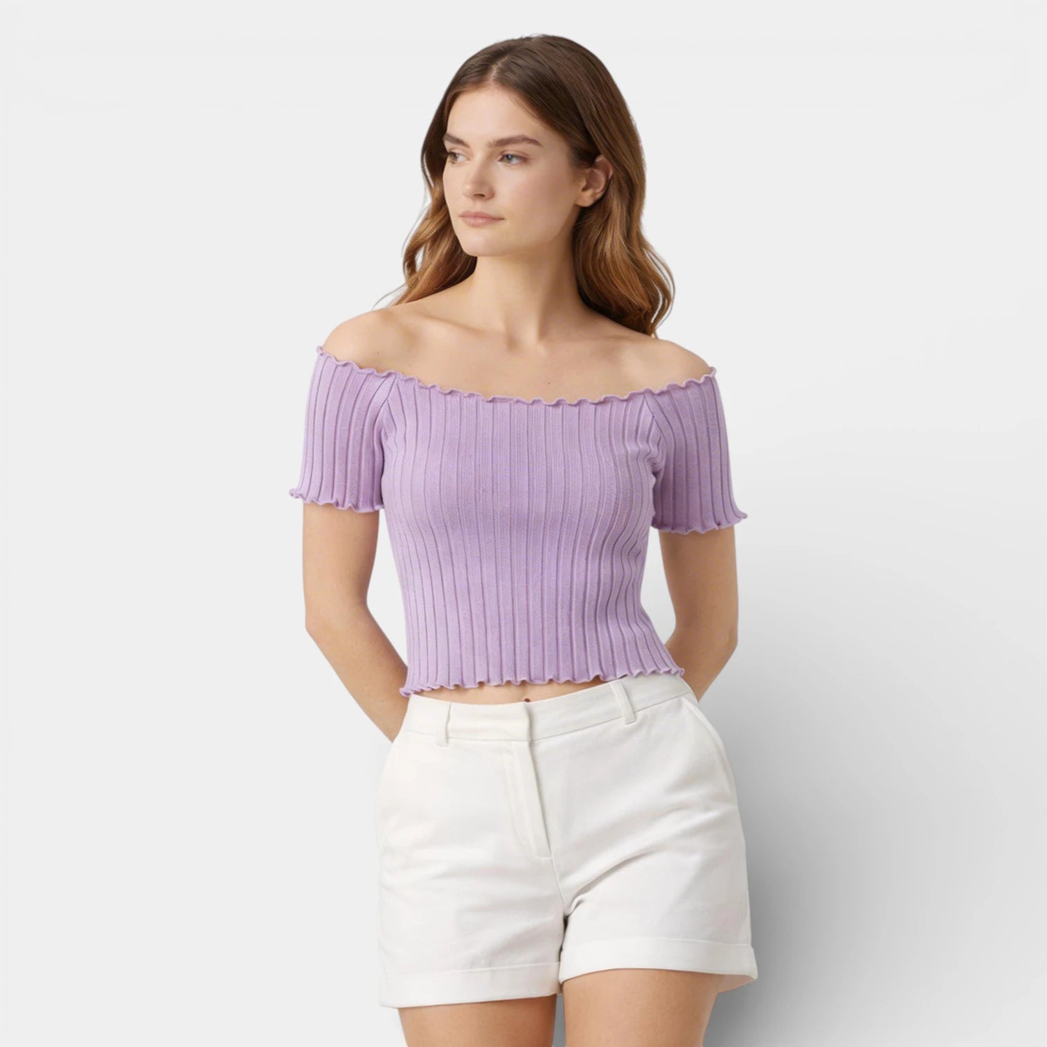 Haut Femme Épaules Dénudées Manches Courtes Maille Côtelée