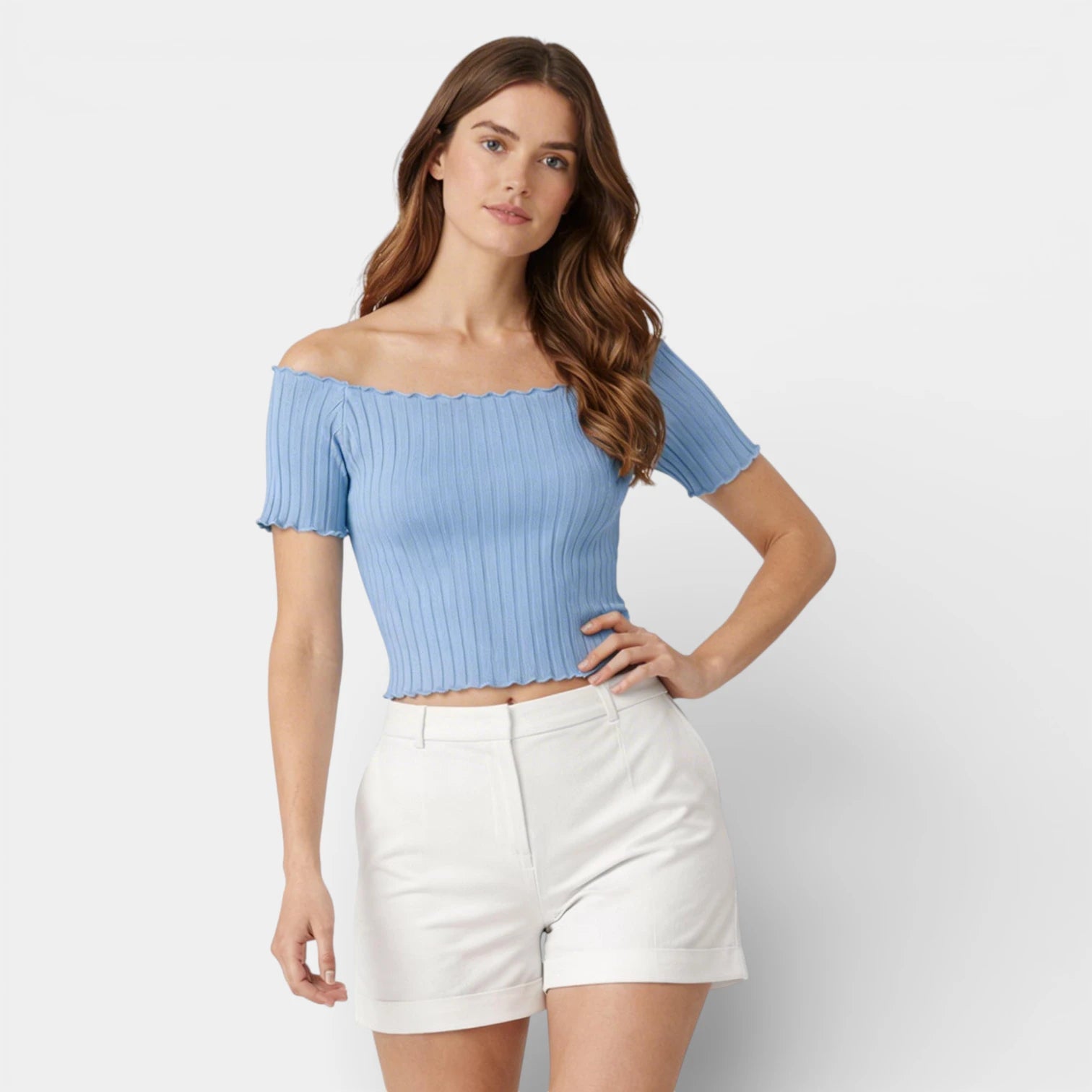 Haut Femme Épaules Dénudées Manches Courtes Maille Côtelée