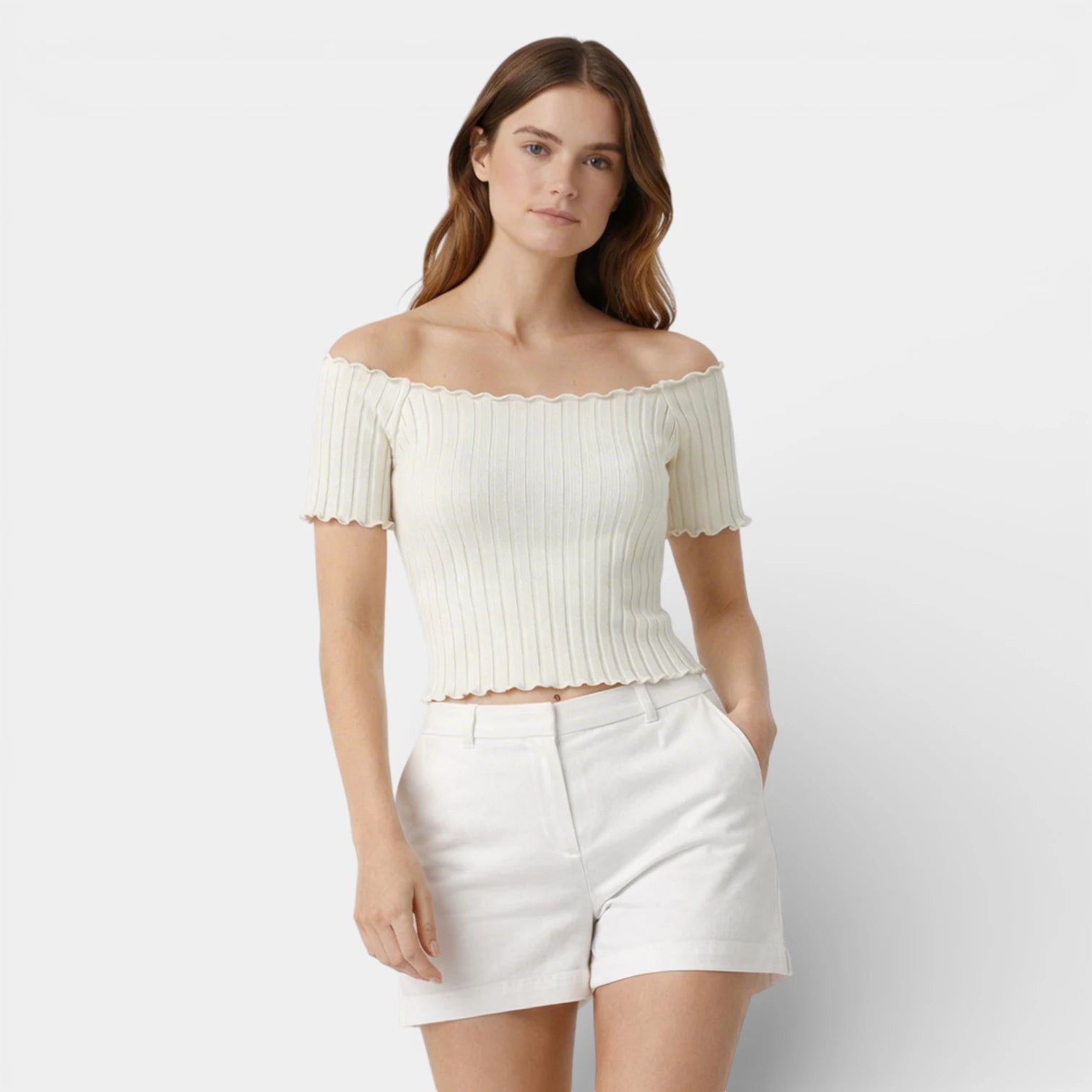 Haut Femme Épaules Dénudées Manches Courtes Maille Côtelée