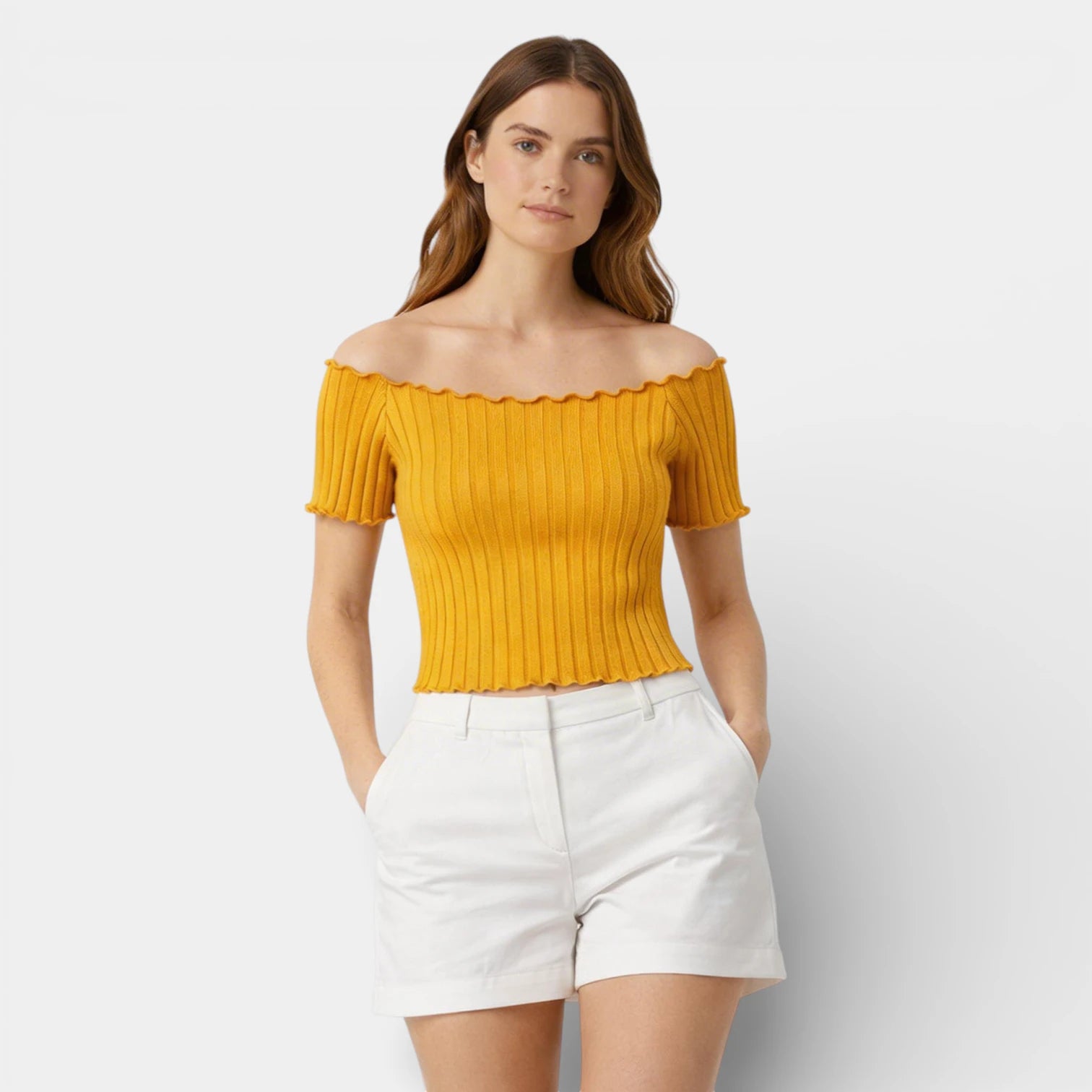 Haut Femme Épaules Dénudées Manches Courtes Maille Côtelée