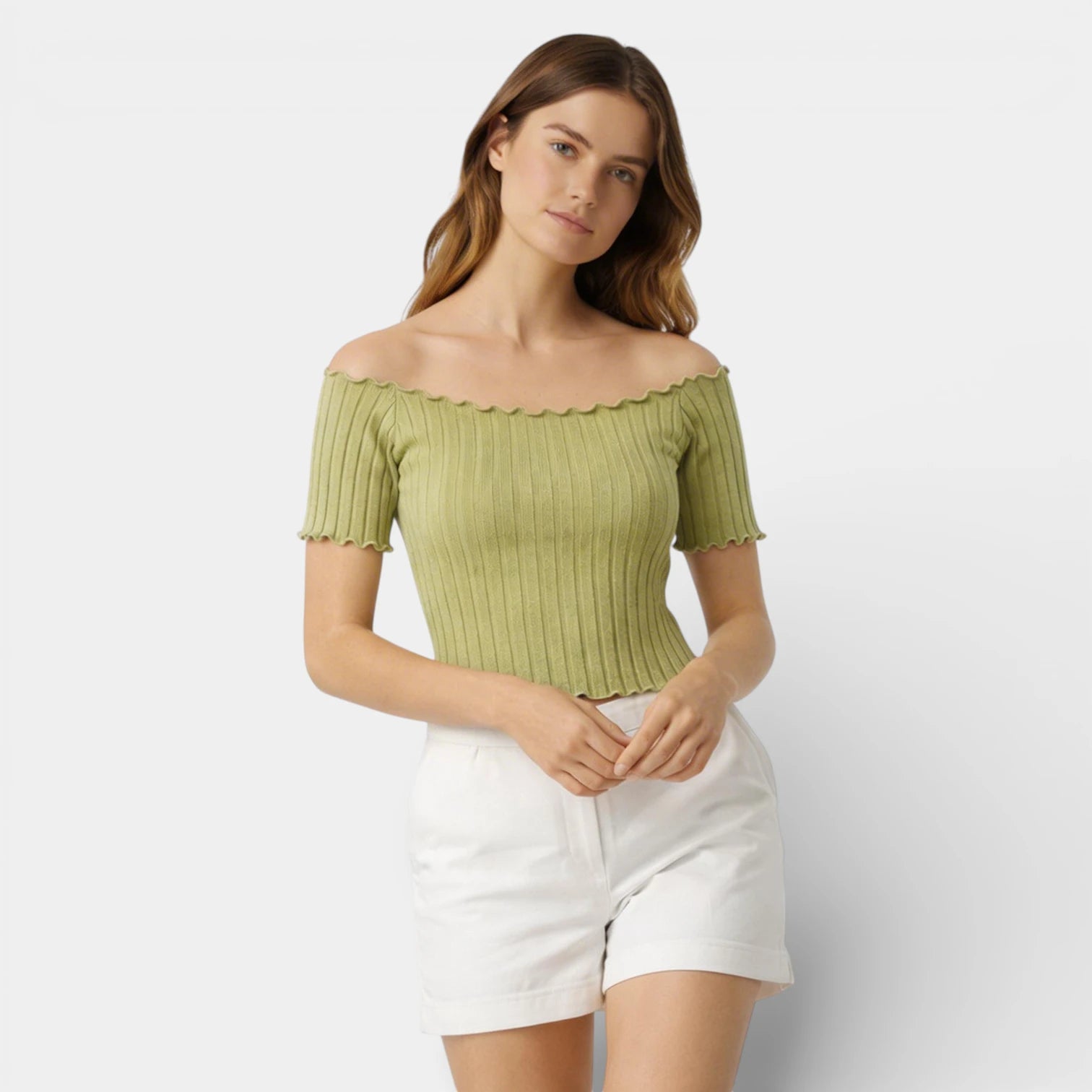 Haut Femme Épaules Dénudées Manches Courtes Maille Côtelée