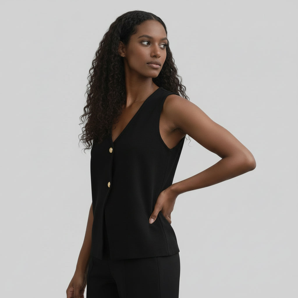 Top Gilet Femme Sans Manches Col V – Fermeture Boutonnée