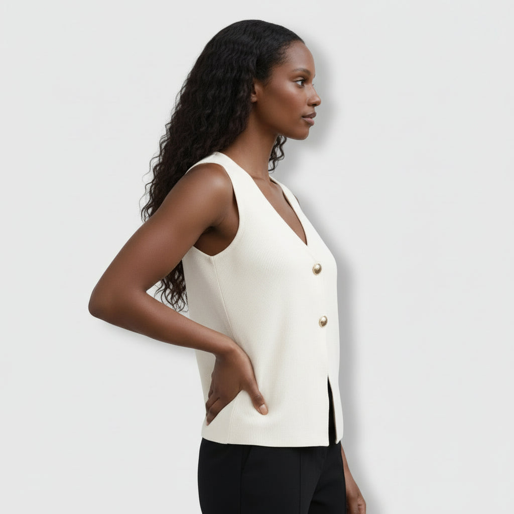 Top Gilet Femme Sans Manches Col V – Fermeture Boutonnée