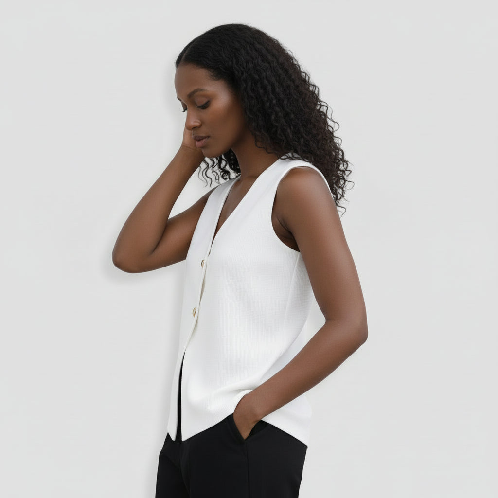 Top Gilet Femme Sans Manches Col V – Fermeture Boutonnée