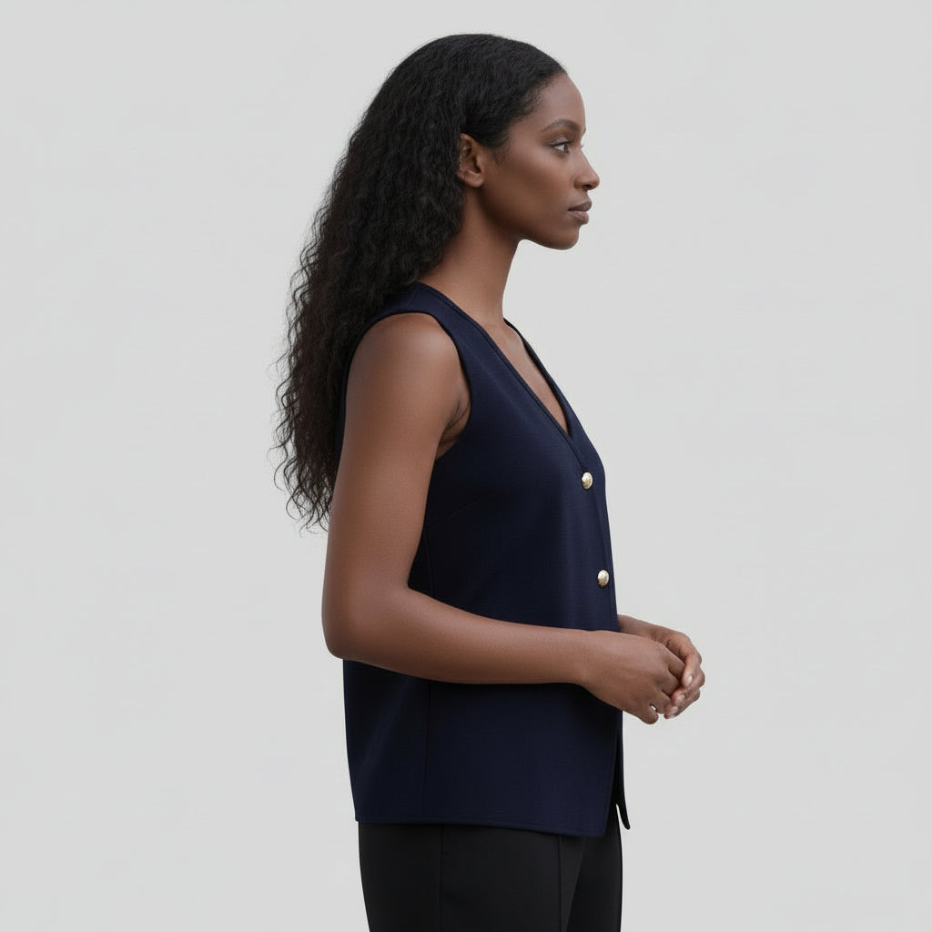 Top Gilet Femme Sans Manches Col V – Fermeture Boutonnée