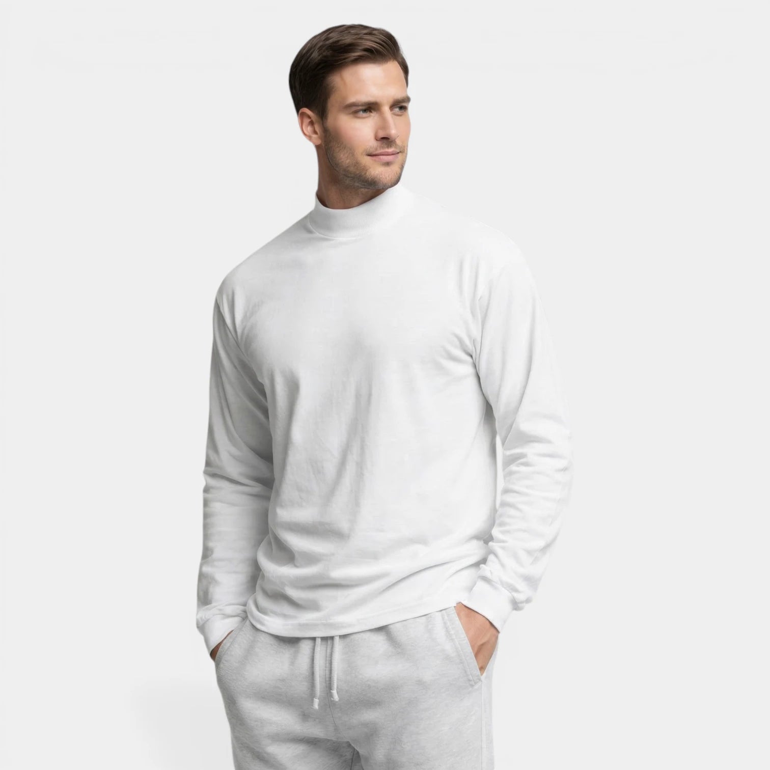 T-Shirt Homme Col Montant Manches Longues Coupe Droite Uni Casual