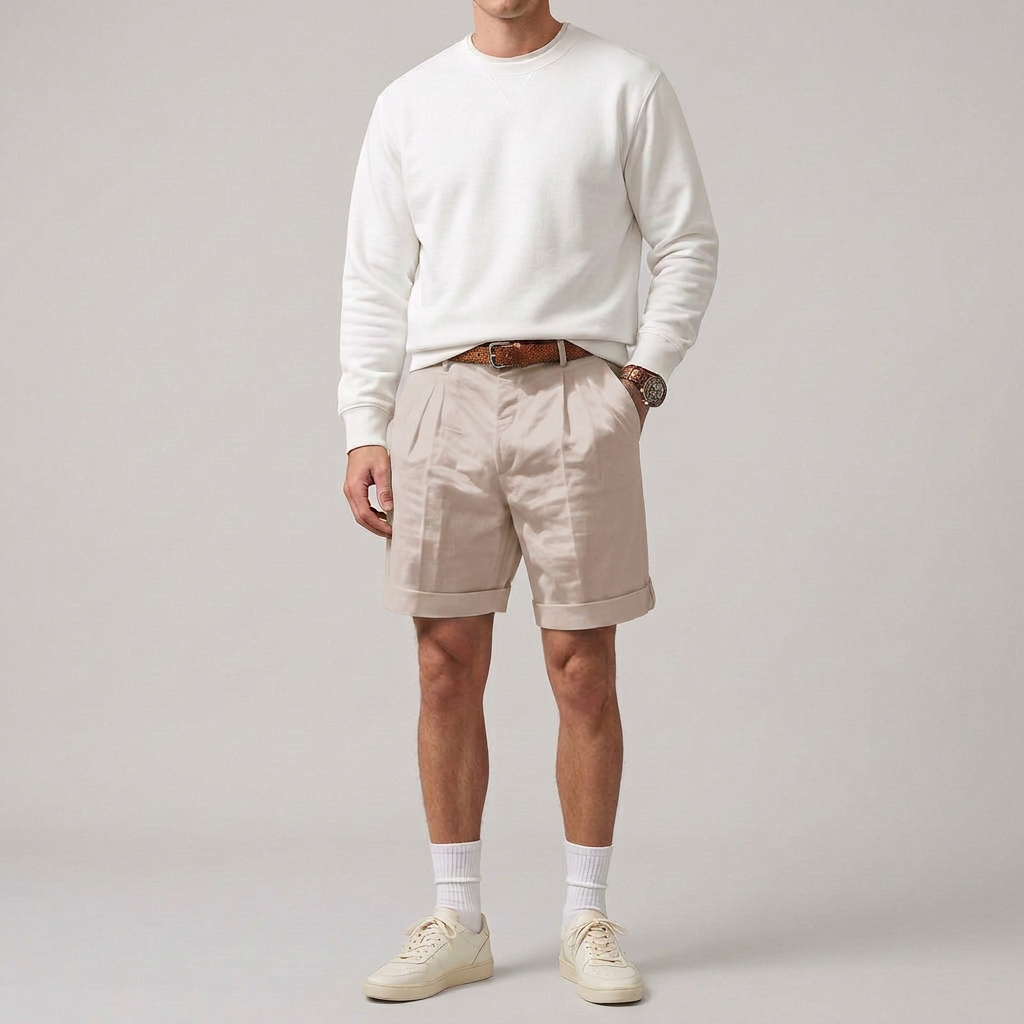 Short Chino Double Pli Revers Ceinturé pour Homme