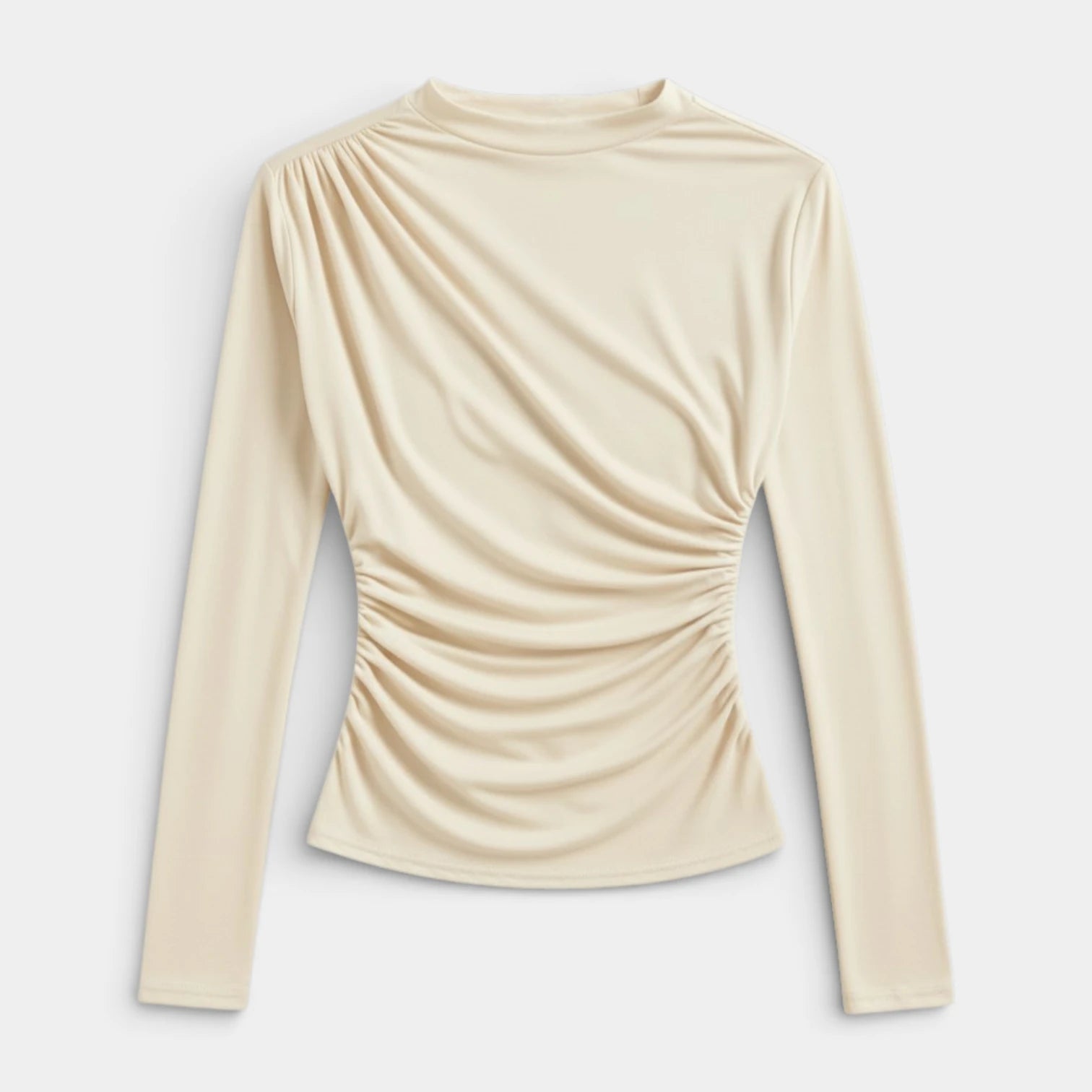 Haut Femme Froncé Manches Longues Col Montant Drapé Avant Coupe Ajustée