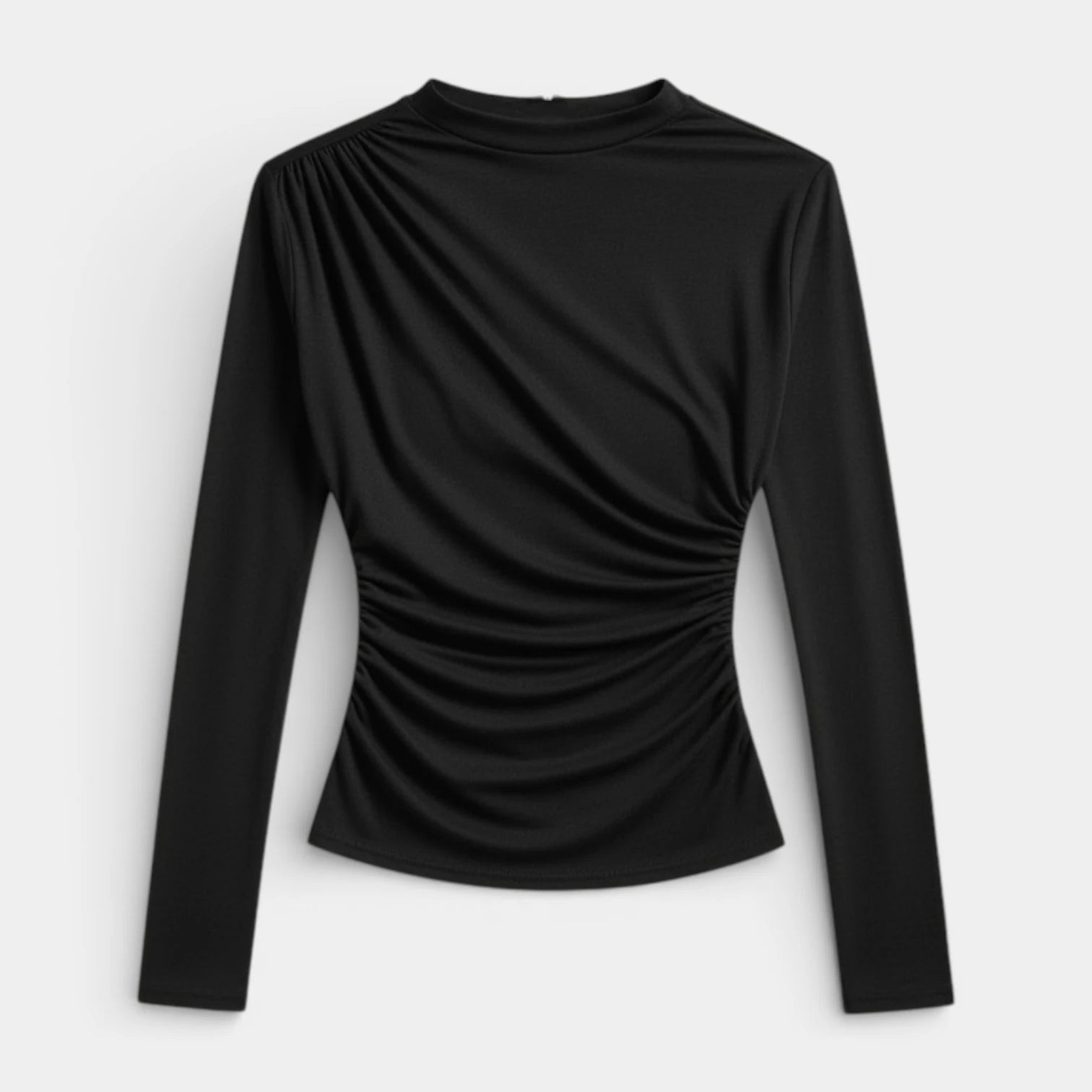 Haut Femme Froncé Manches Longues Col Montant Drapé Avant Coupe Ajustée