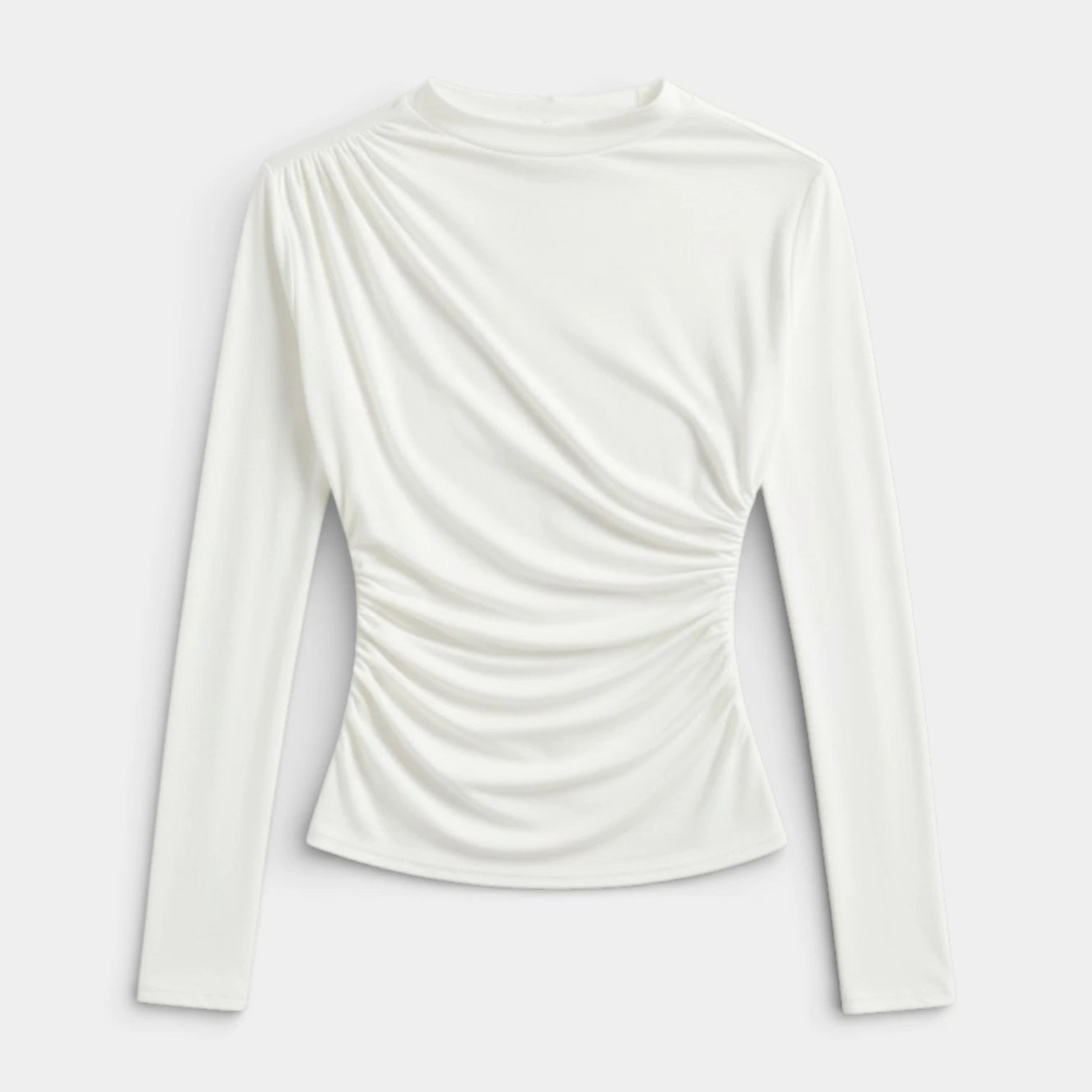 Haut Femme Froncé Manches Longues Col Montant Drapé Avant Coupe Ajustée