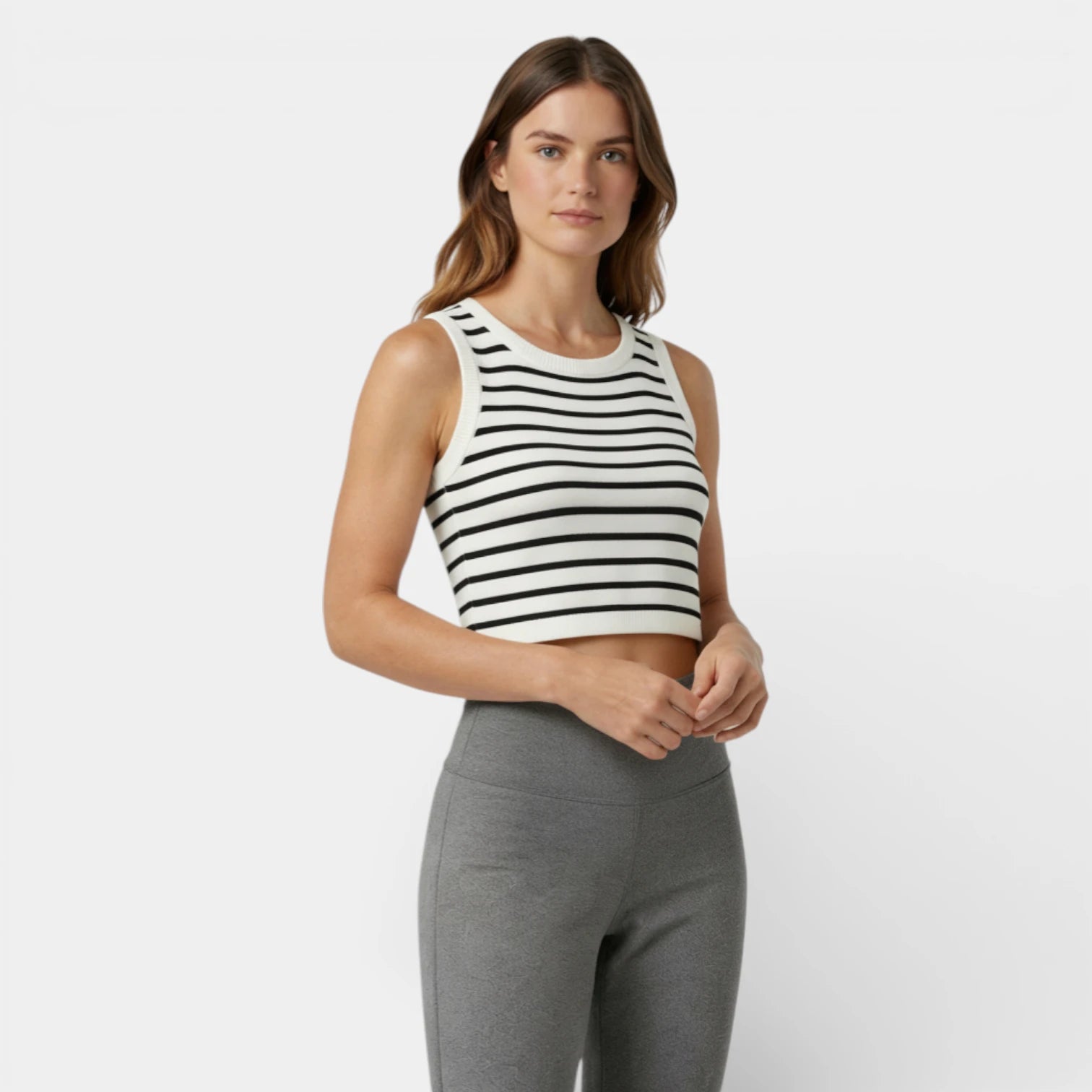 Débardeur Court Femme Rayé Maille Côtelée – Col Rond Sans Manches