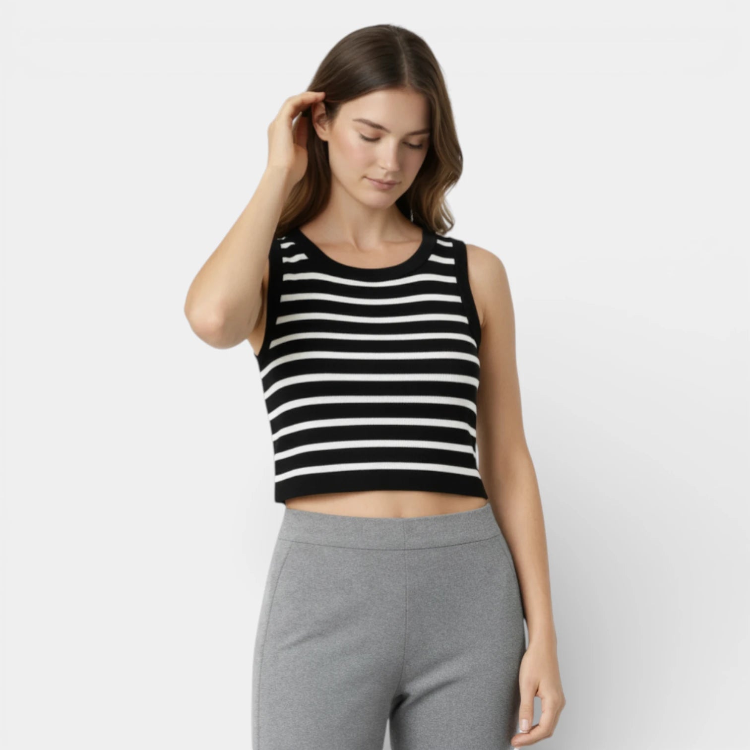 Débardeur Court Femme Rayé Maille Côtelée – Col Rond Sans Manches