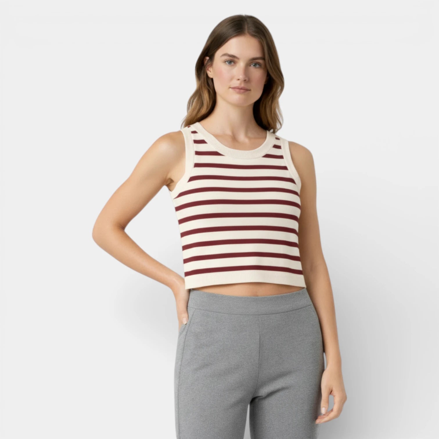 Débardeur Court Femme Rayé Maille Côtelée – Col Rond Sans Manches