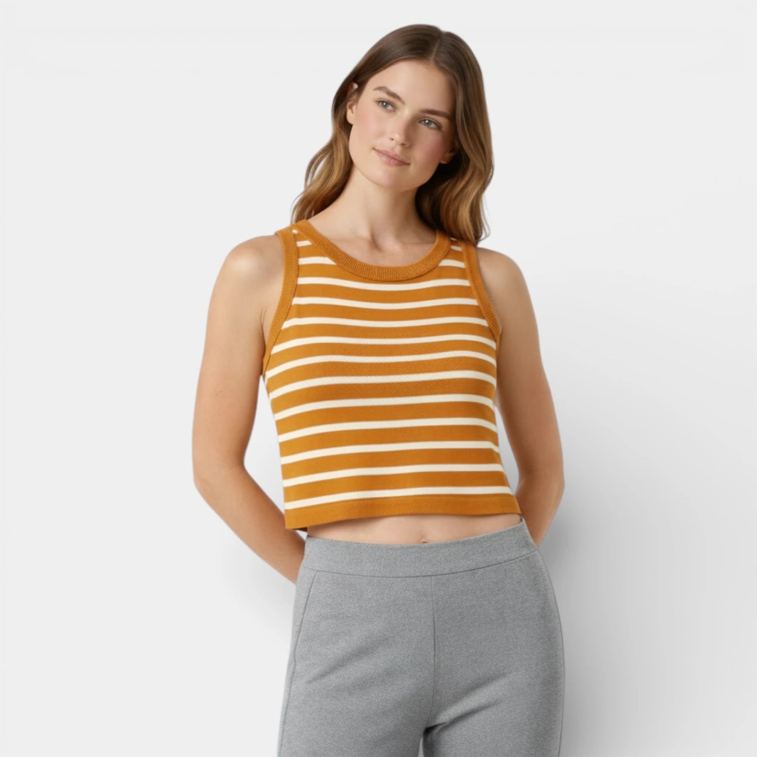 Débardeur Court Femme Rayé Maille Côtelée – Col Rond Sans Manches