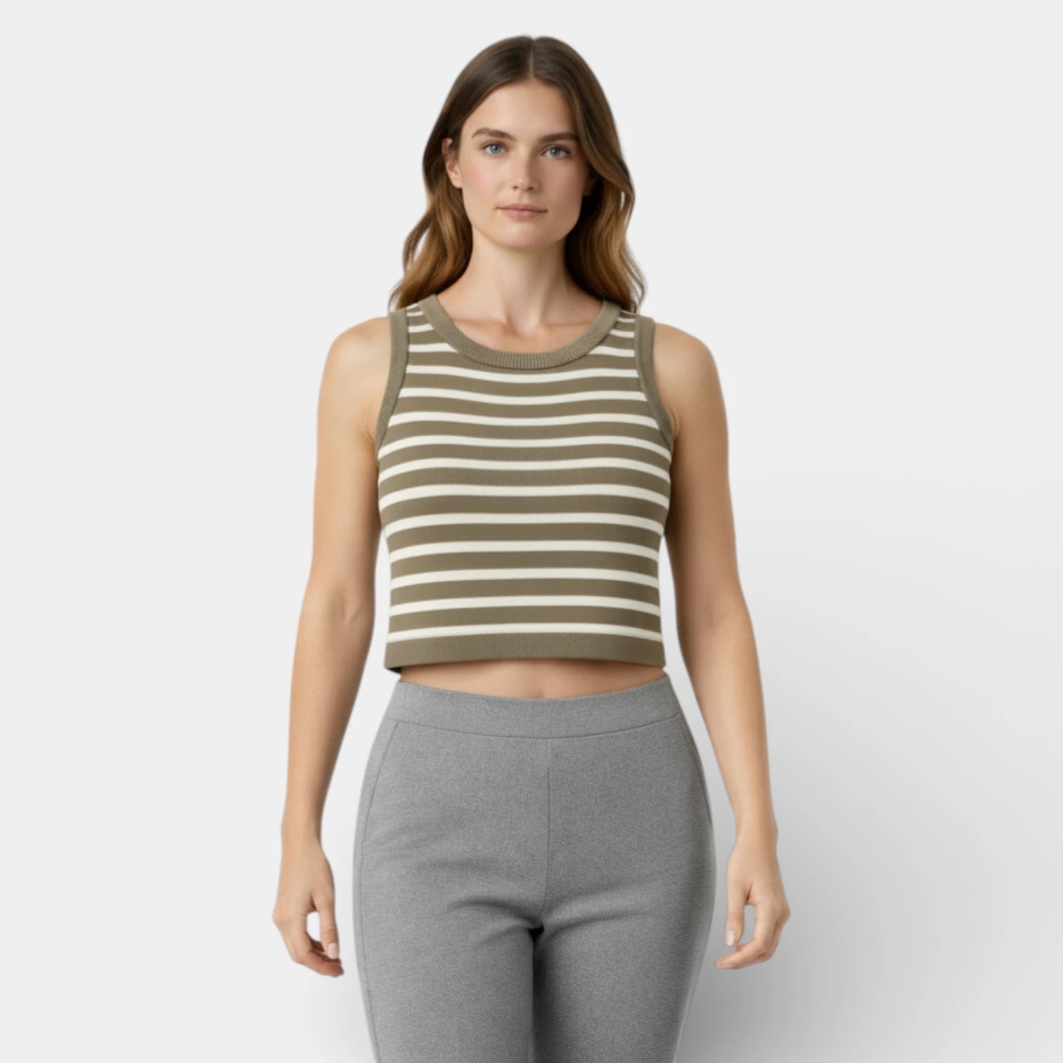 Débardeur Court Femme Rayé Maille Côtelée – Col Rond Sans Manches