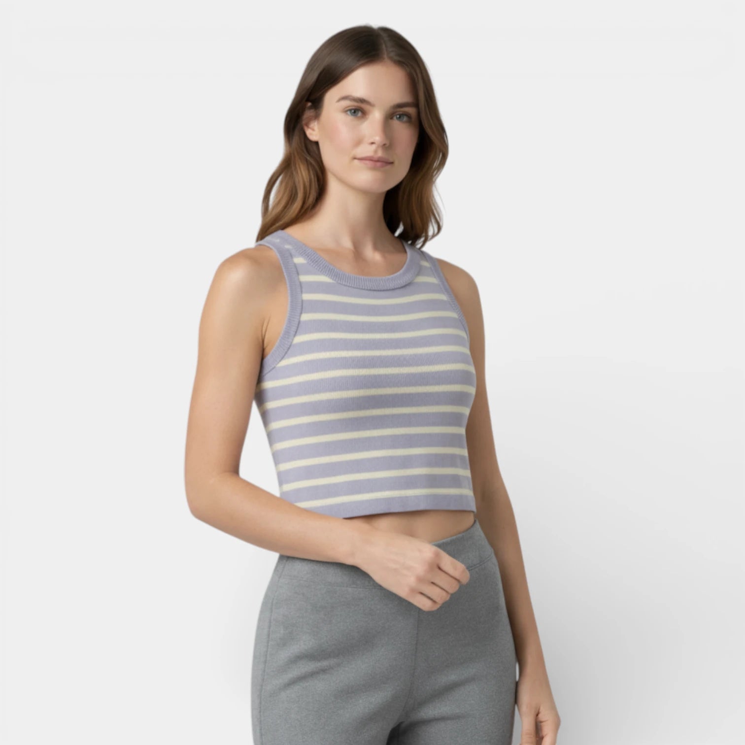 Débardeur Court Femme Rayé Maille Côtelée – Col Rond Sans Manches