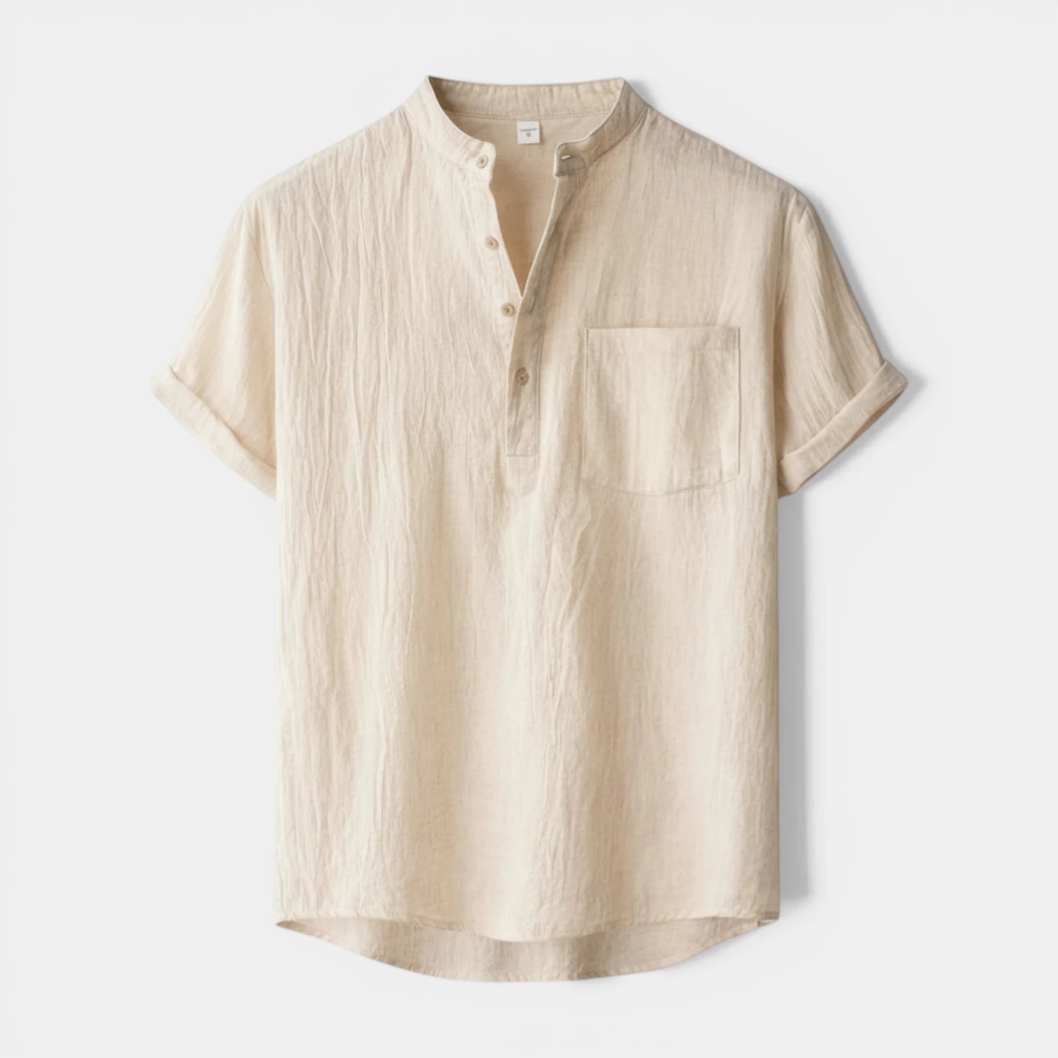 Men's Short-Sleeve Mandarin Collar Shirt with Chest Pocket