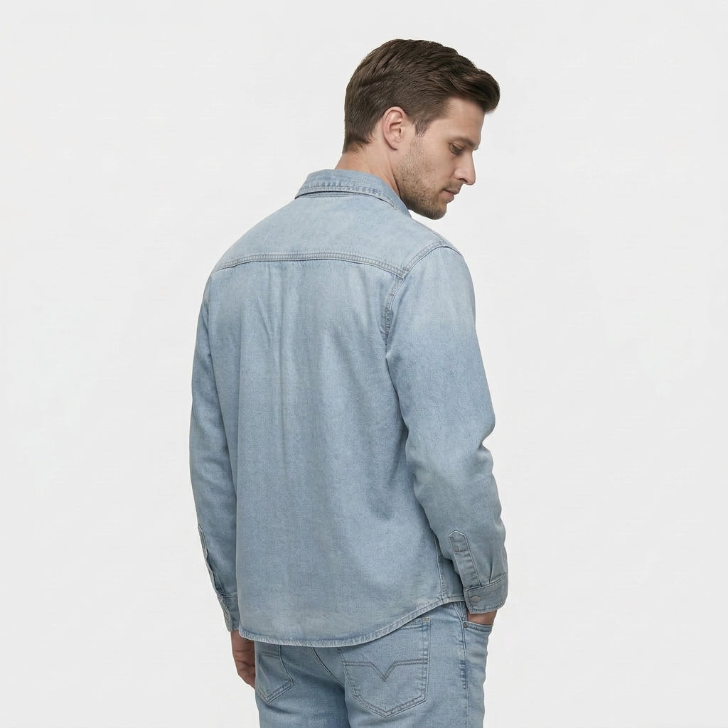 Men's Button-Down Denim Shirt with Chest Pockets and Washed Finish