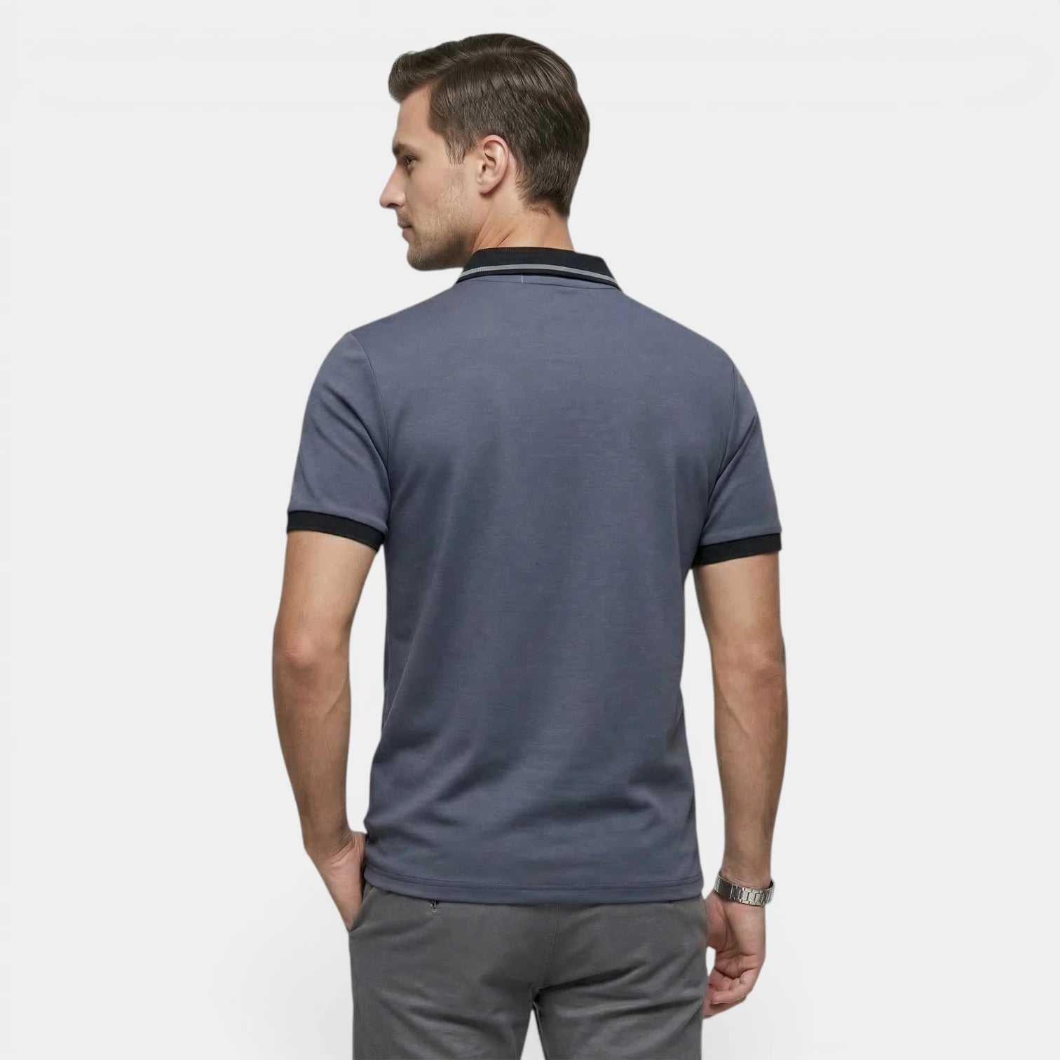 Men's Short-Sleeve Button-Up Polo Shirt with Contrast Collar Regular Fit