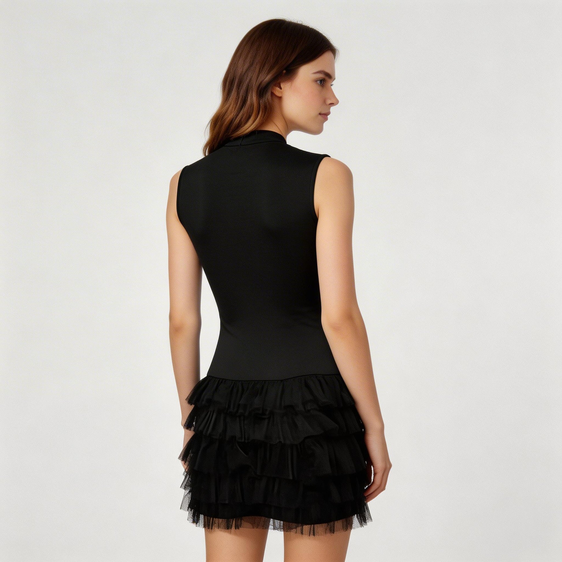 Robe Mini Femme Chic Col Montant Sans Manches avec Jupe à Volants