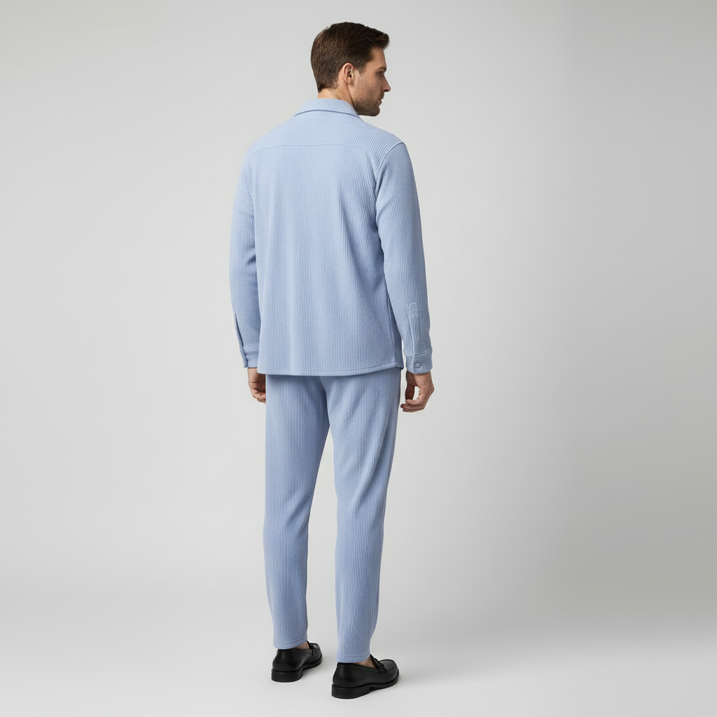 Ensemble Homme Chemise Boutonnée et Pantalon à Cordon Texture Côtelée