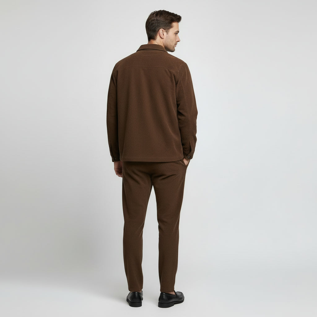 Ensemble Homme Chemise Boutonnée et Pantalon à Cordon Texture Côtelée