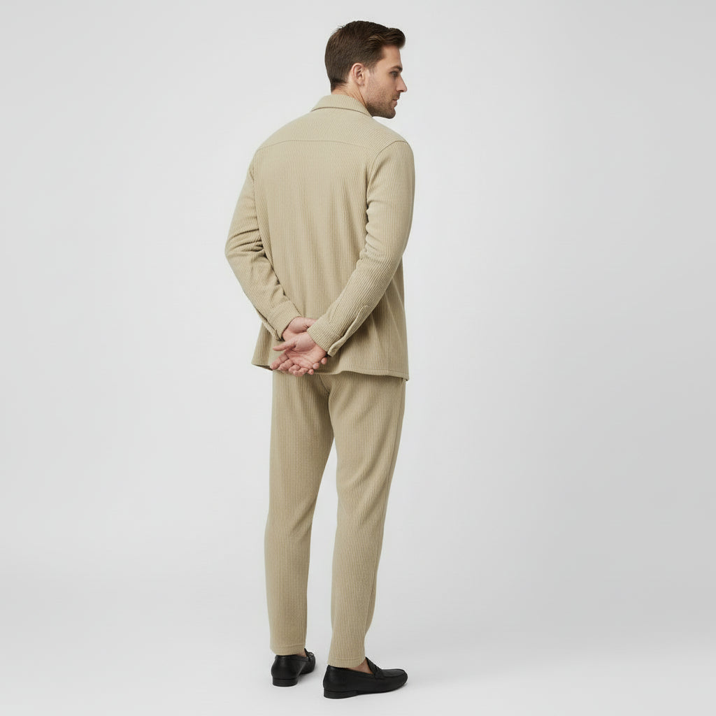 Ensemble Homme Chemise Boutonnée et Pantalon à Cordon Texture Côtelée