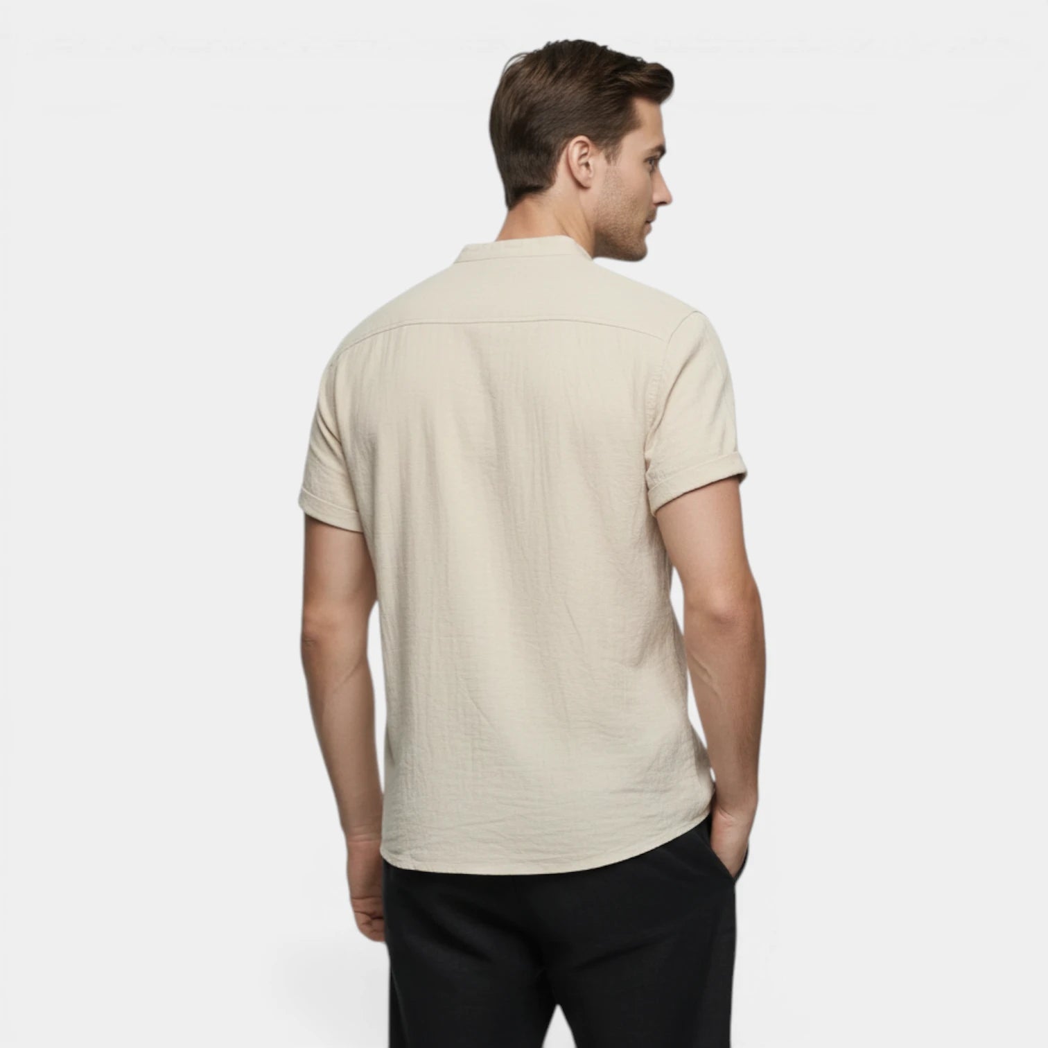 Men's Short-Sleeve Mandarin Collar Shirt with Chest Pocket