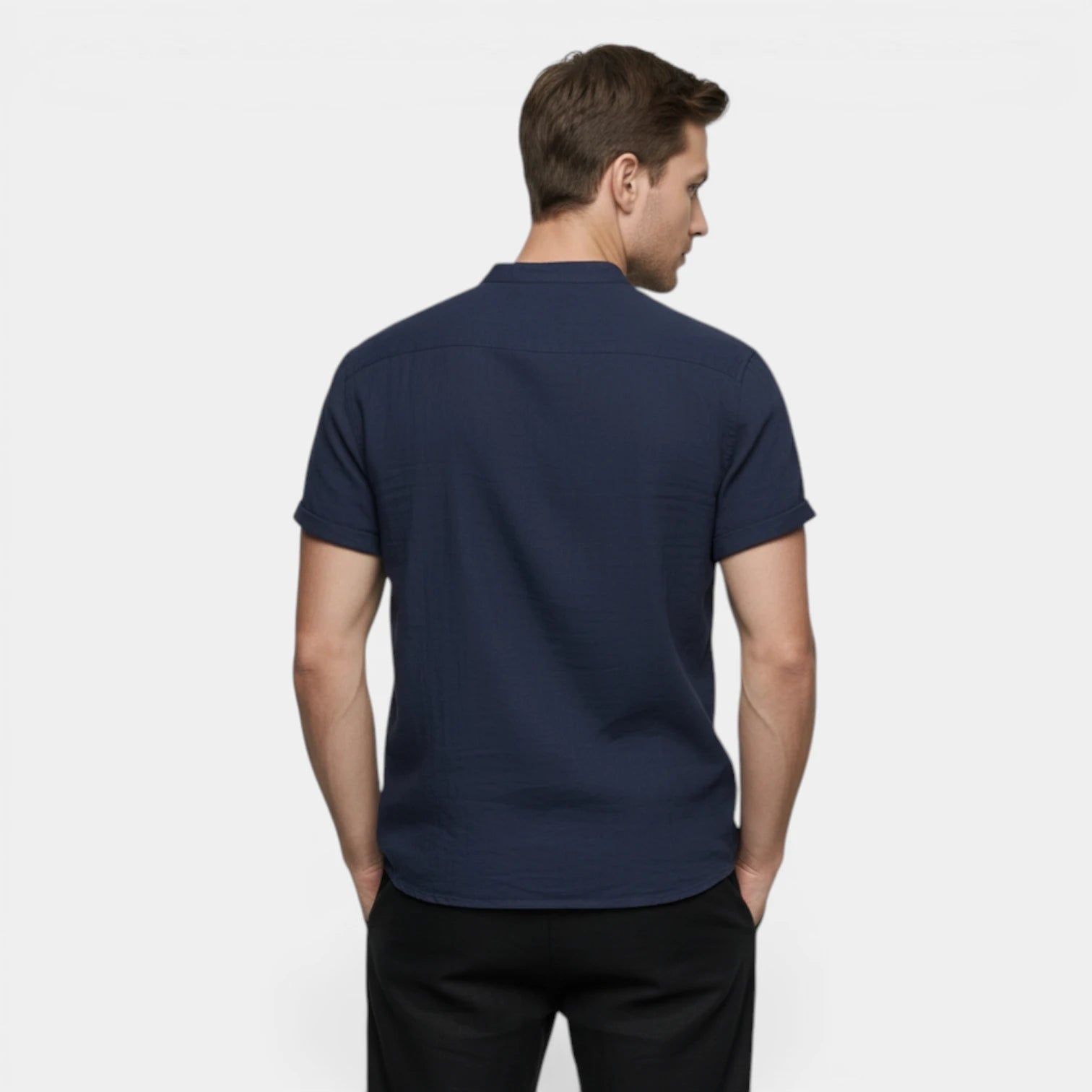 Men's Short-Sleeve Mandarin Collar Shirt with Chest Pocket