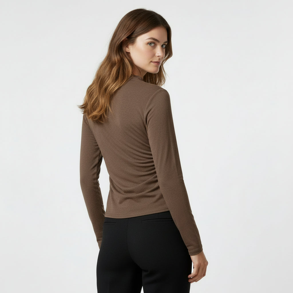 Haut Femme Froncé Manches Longues Col Montant Drapé Avant Coupe Ajustée