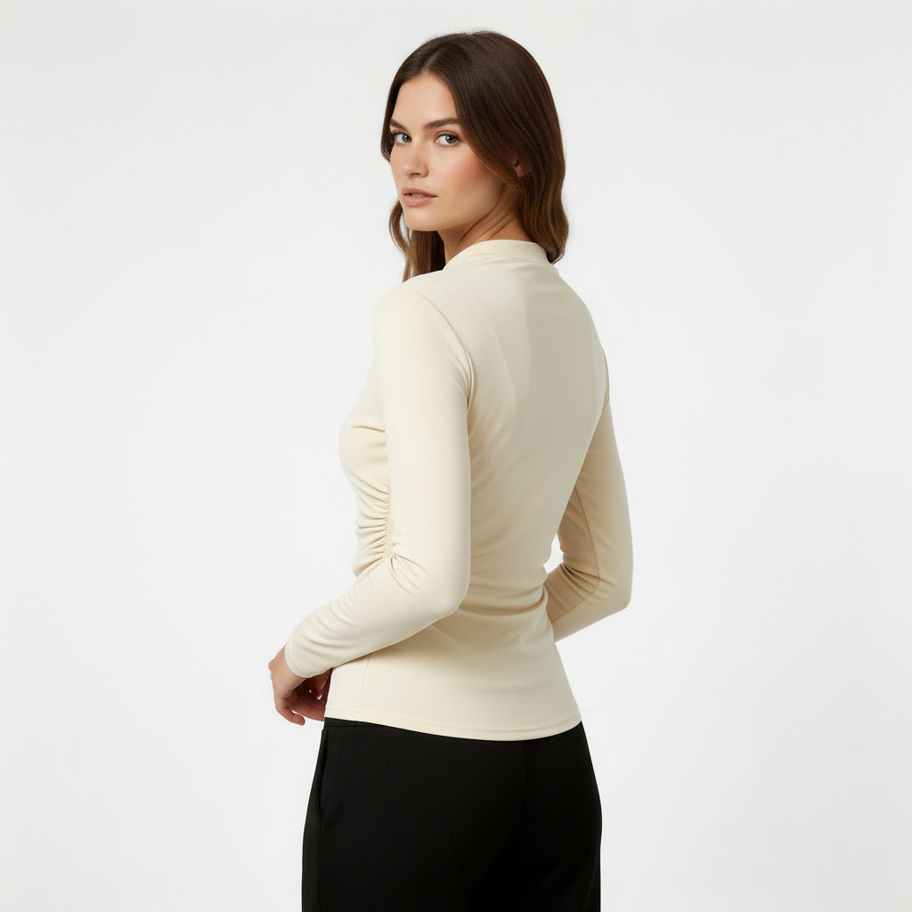 Haut Femme Froncé Manches Longues Col Montant Drapé Avant Coupe Ajustée