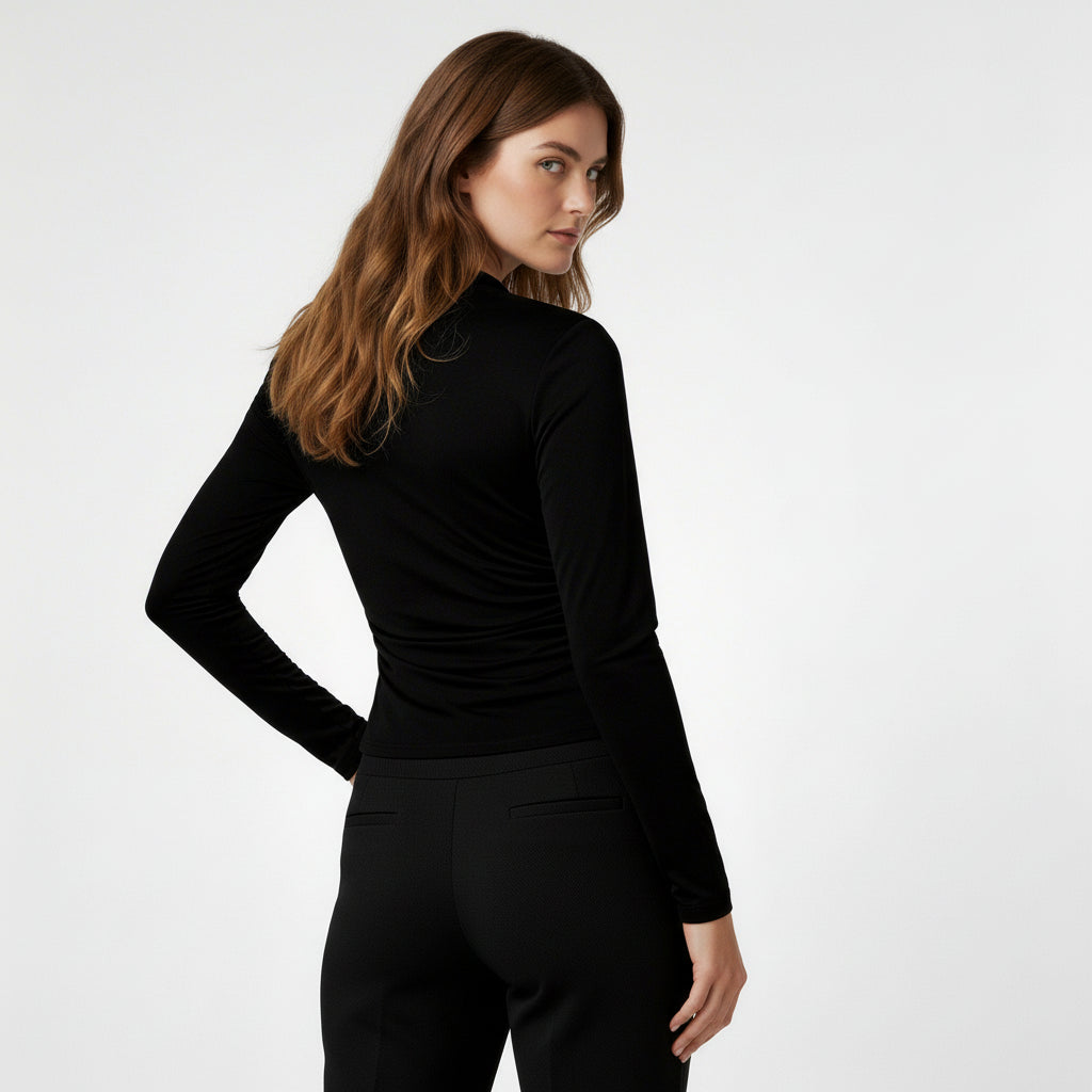 Haut Femme Froncé Manches Longues Col Montant Drapé Avant Coupe Ajustée