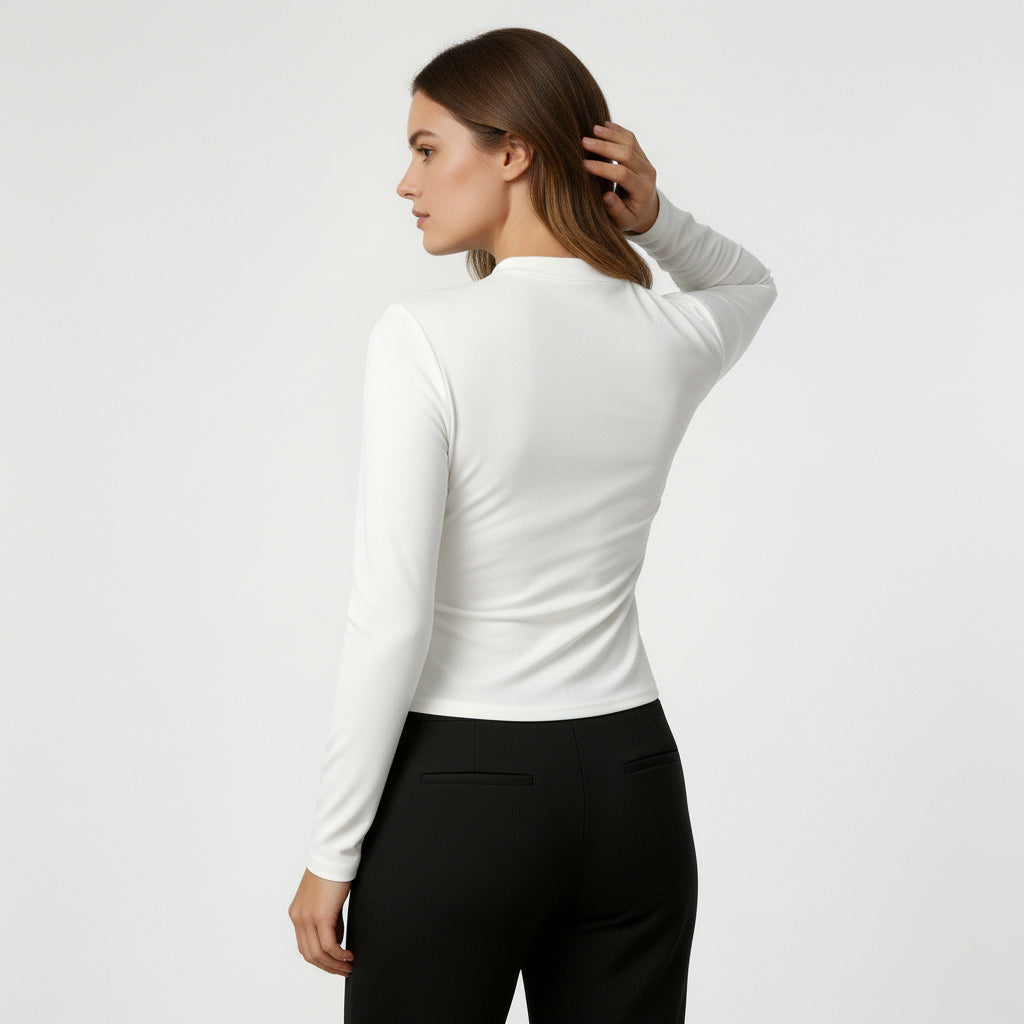 Haut Femme Froncé Manches Longues Col Montant Drapé Avant Coupe Ajustée