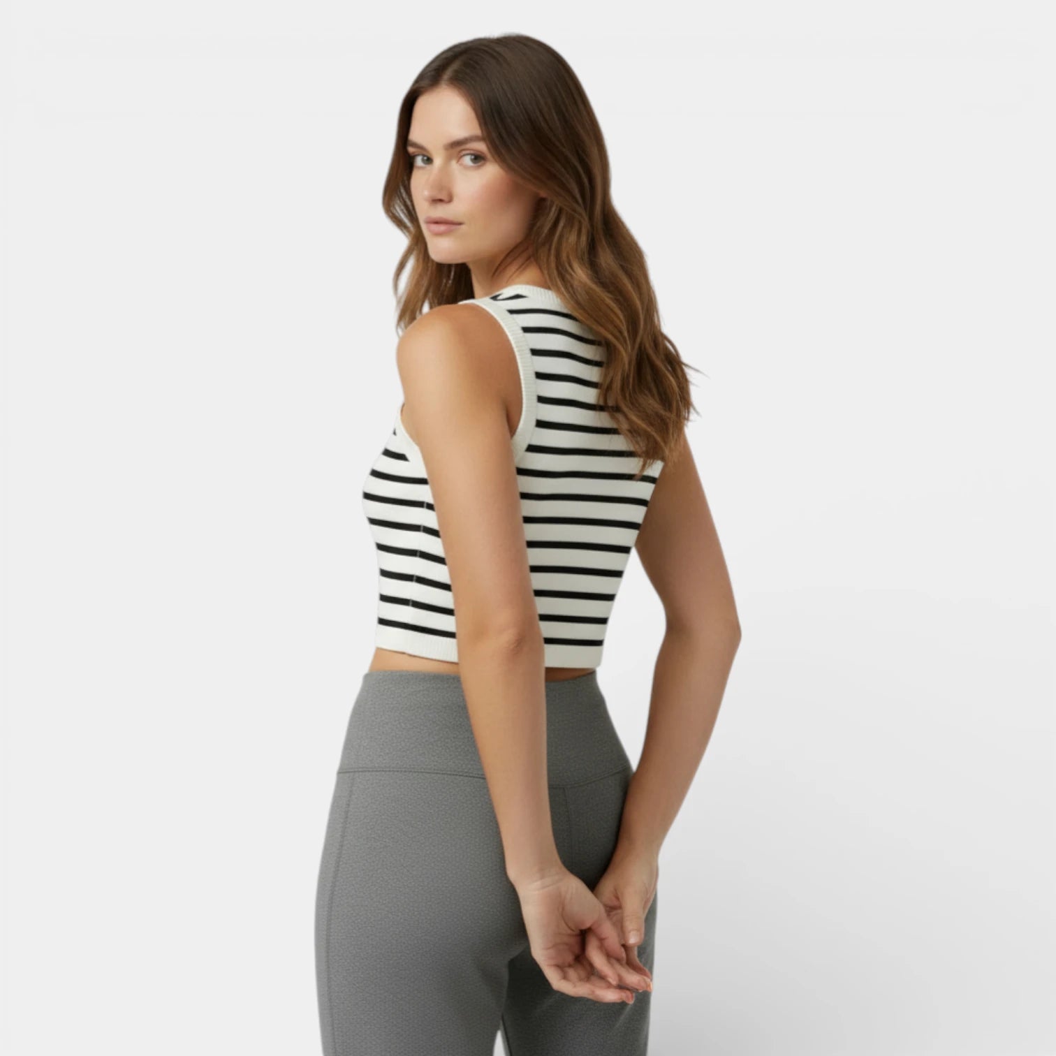 Débardeur Court Femme Rayé Maille Côtelée – Col Rond Sans Manches