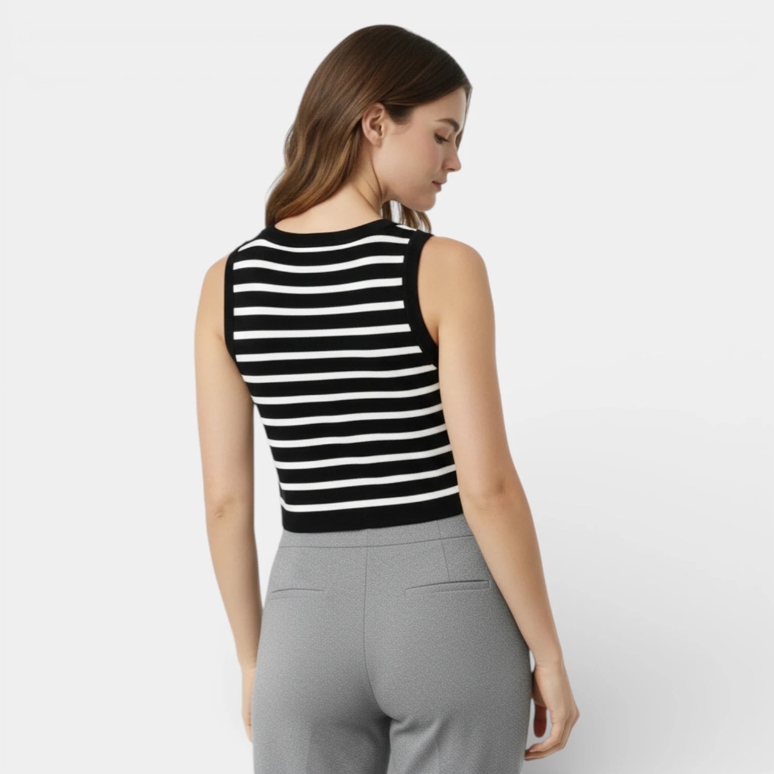 Débardeur Court Femme Rayé Maille Côtelée – Col Rond Sans Manches