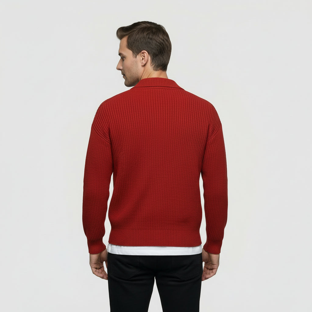 Cardigan Homme en Maille Côtelée Boutonné Col Classique