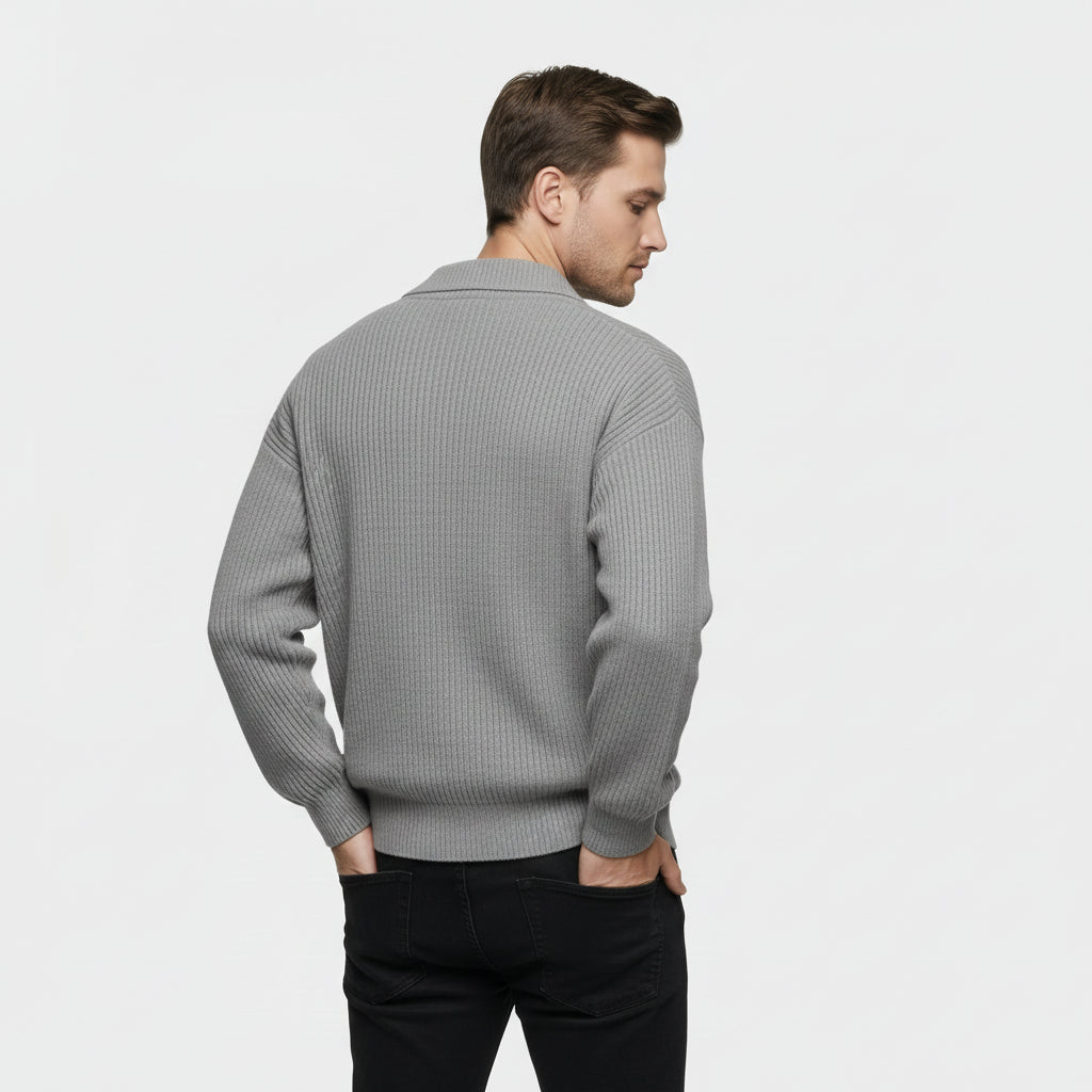 Cardigan Homme en Maille Côtelée Boutonné Col Classique