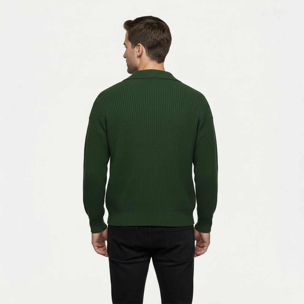 Men's Rib-Knit Button-Up Cardigan with Classic Collar