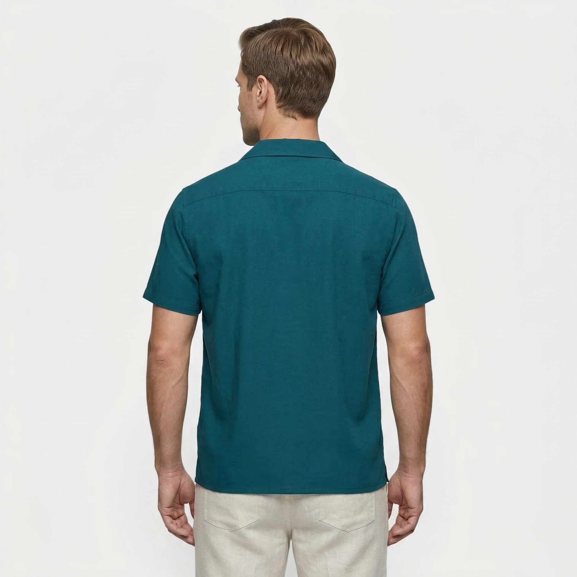 Chemise Homme Manches Courtes Boutonnée à Rayures Verticales Col Camp
