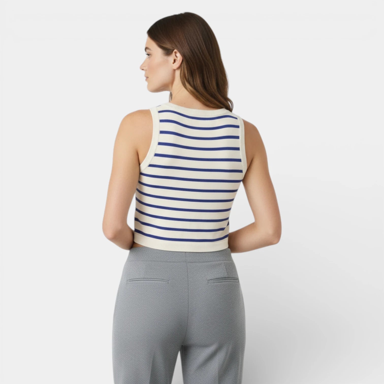 Débardeur Court Femme Rayé Maille Côtelée – Col Rond Sans Manches