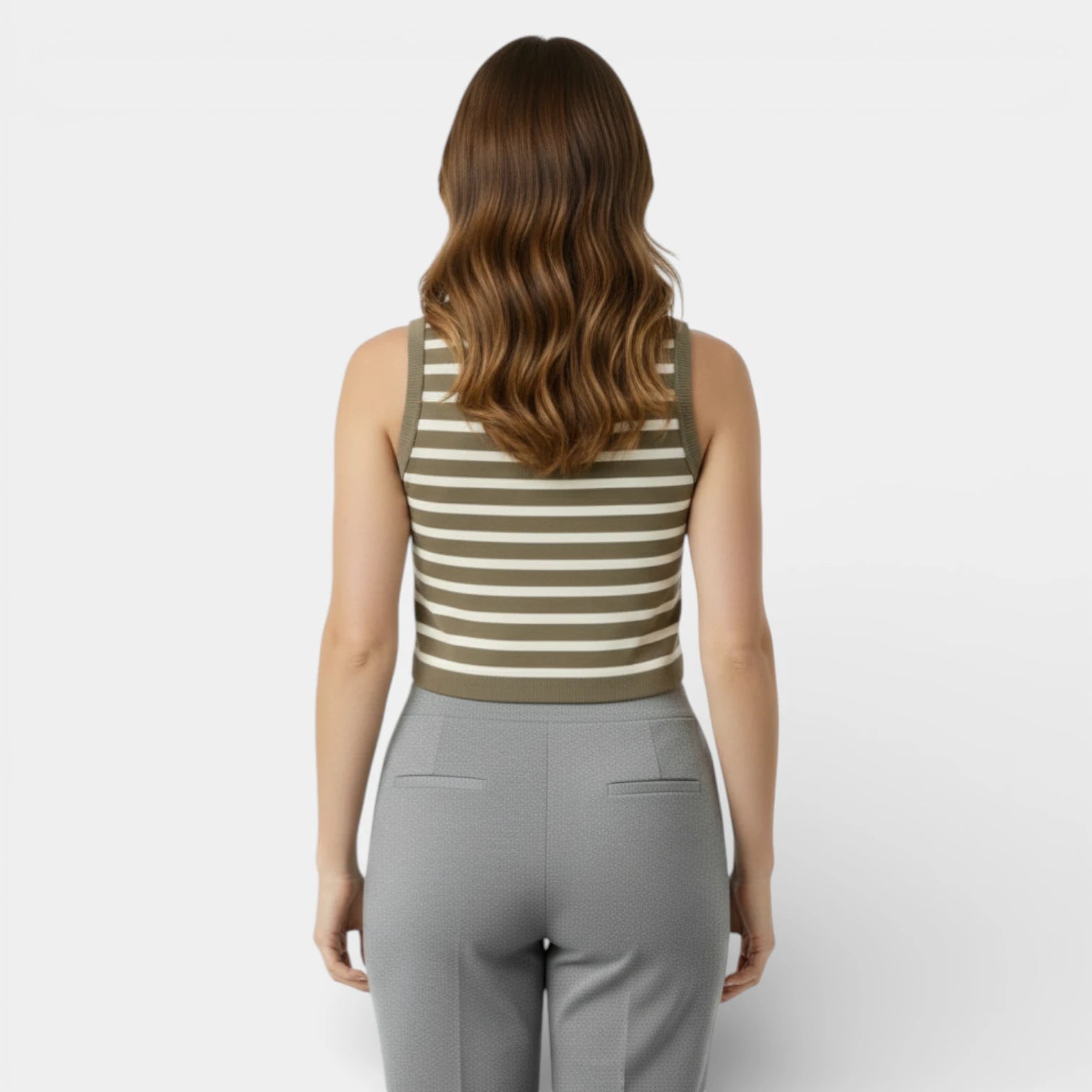 Débardeur Court Femme Rayé Maille Côtelée – Col Rond Sans Manches