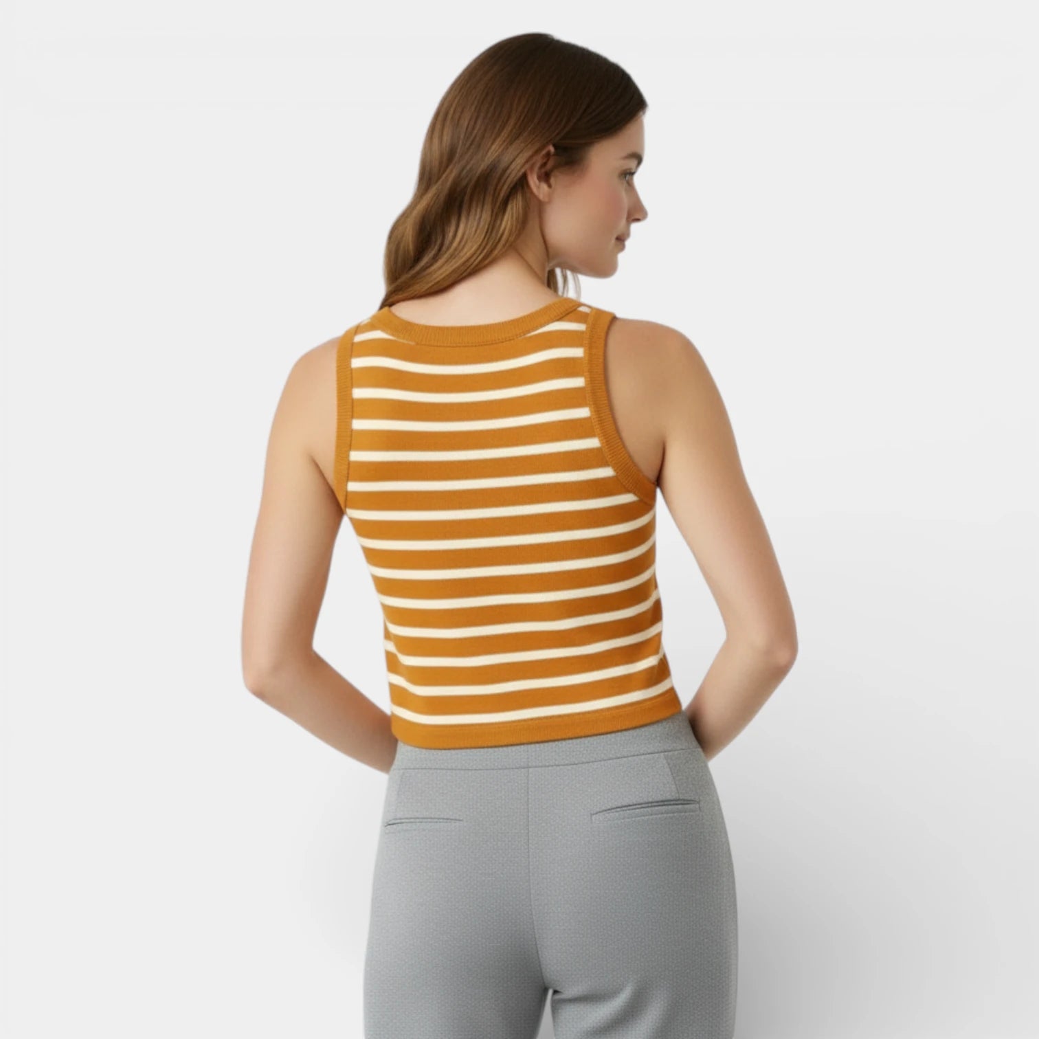 Débardeur Court Femme Rayé Maille Côtelée – Col Rond Sans Manches