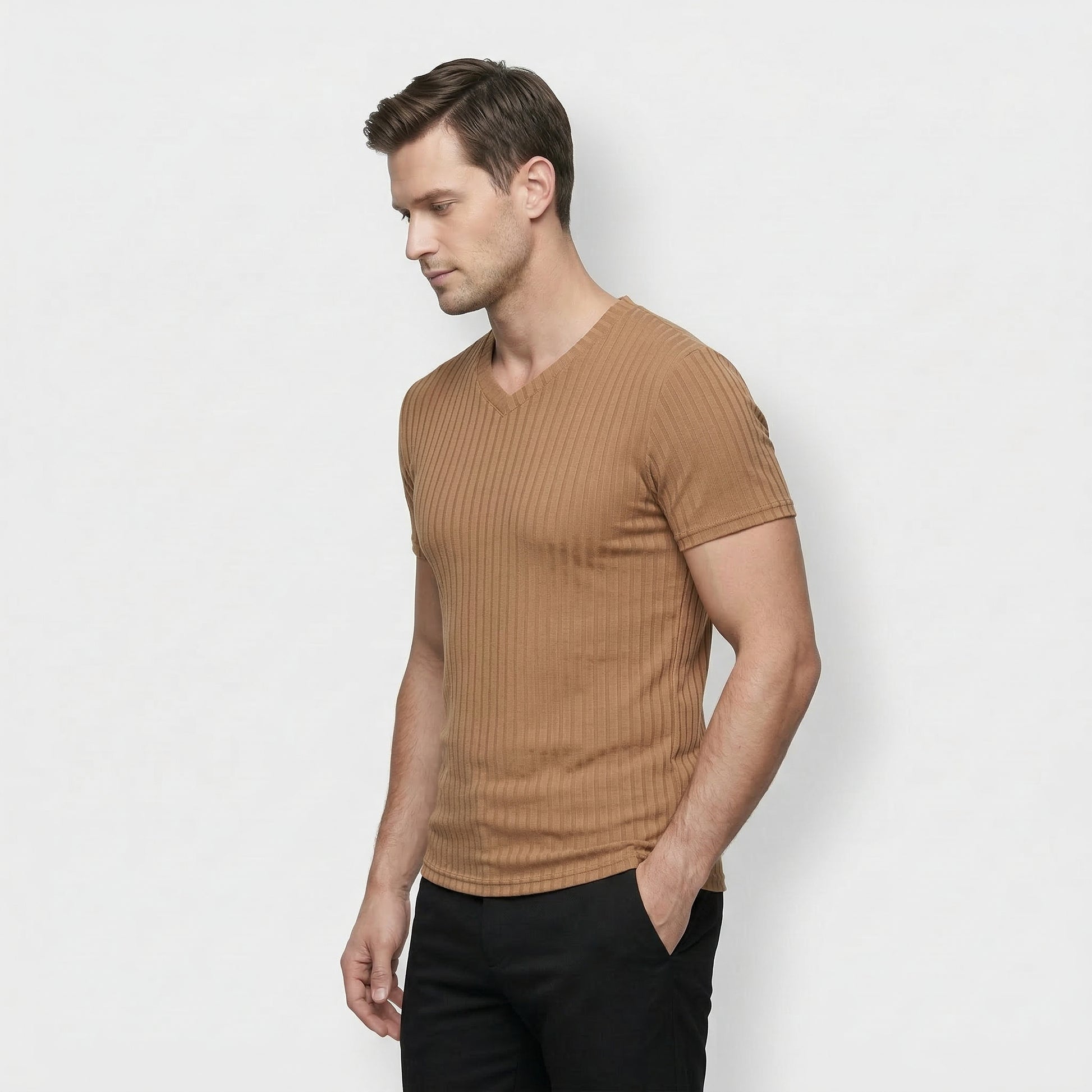 T-shirt Homme Côtelé Col V Manches Courtes Coupe Ajustée Maille Texturée