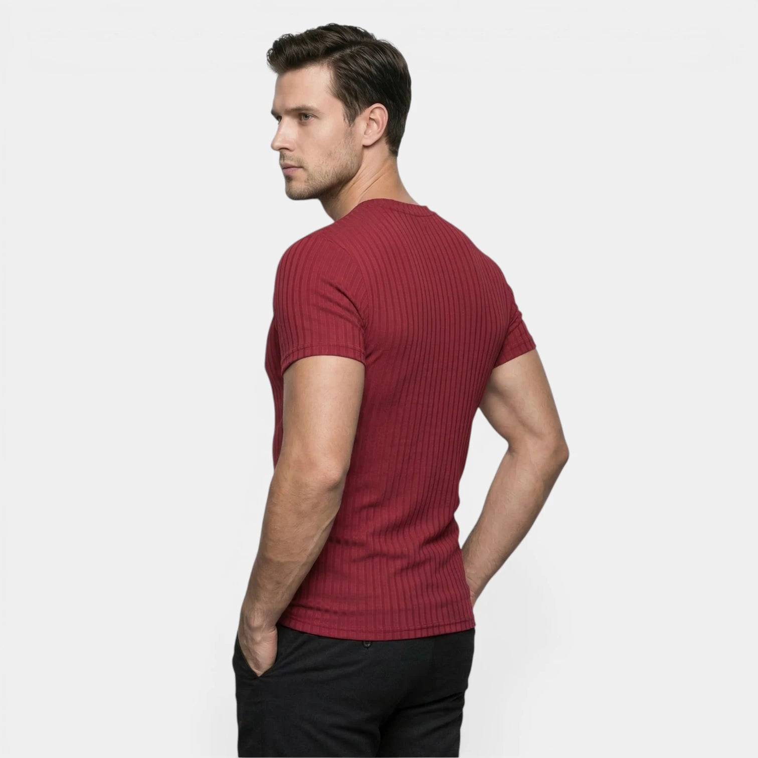 T-shirt Homme Côtelé Col V Manches Courtes Coupe Ajustée Maille Texturée