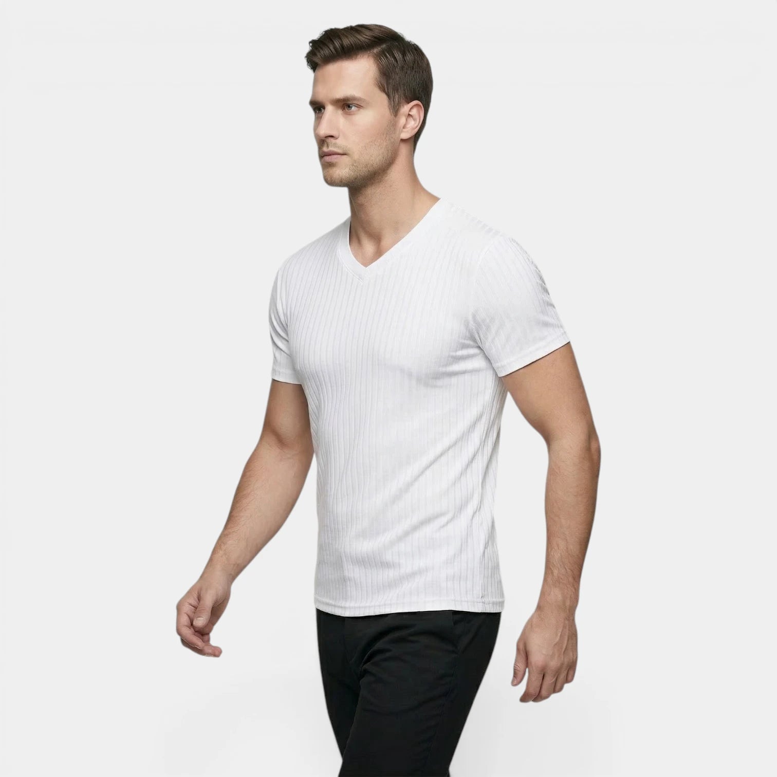 T-shirt Homme Côtelé Col V Manches Courtes Coupe Ajustée Maille Texturée