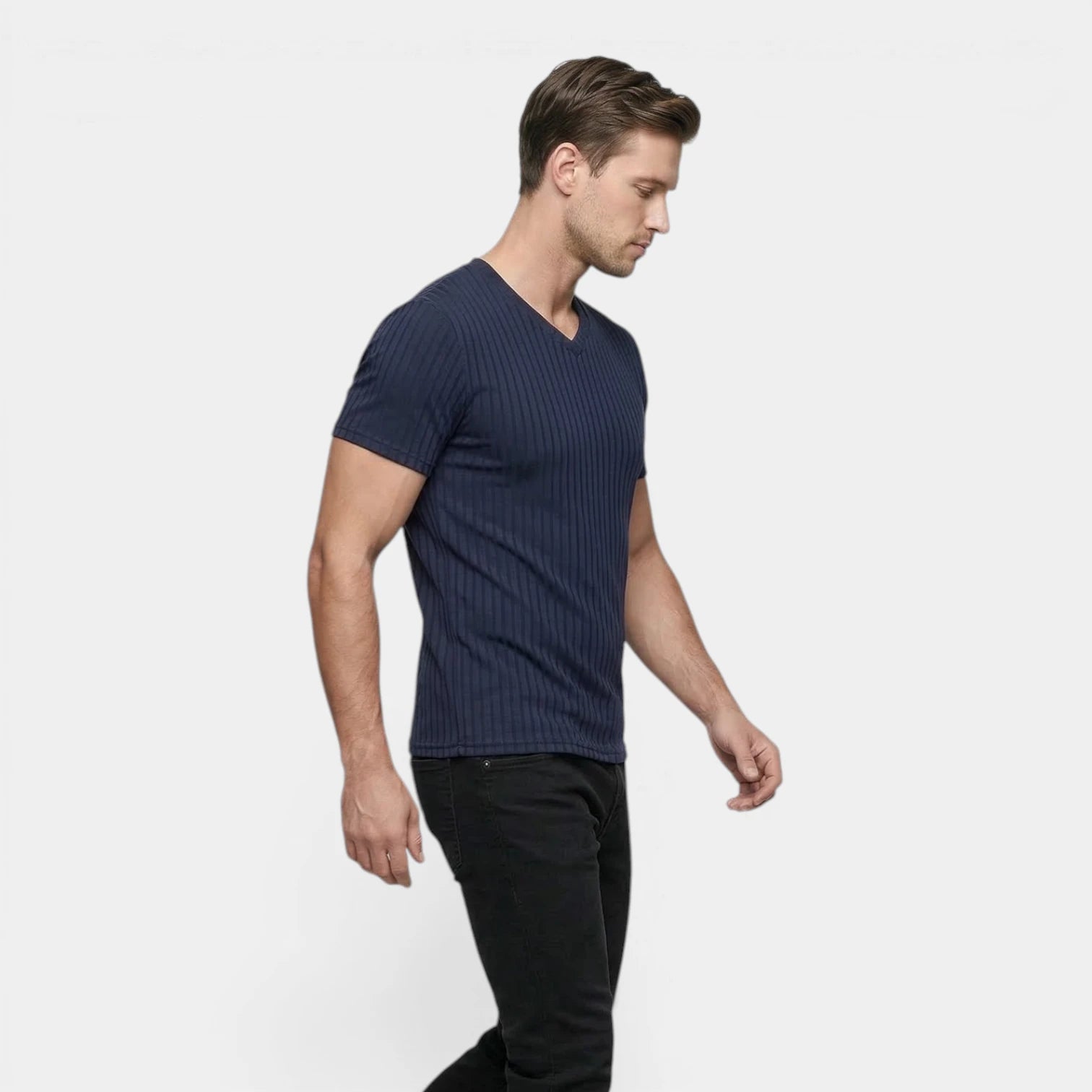 T-shirt Homme Côtelé Col V Manches Courtes Coupe Ajustée Maille Texturée