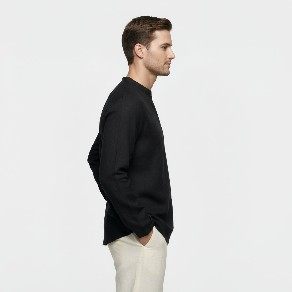 Men's Long-Sleeved Shirt with Split Collar and Clean Finish